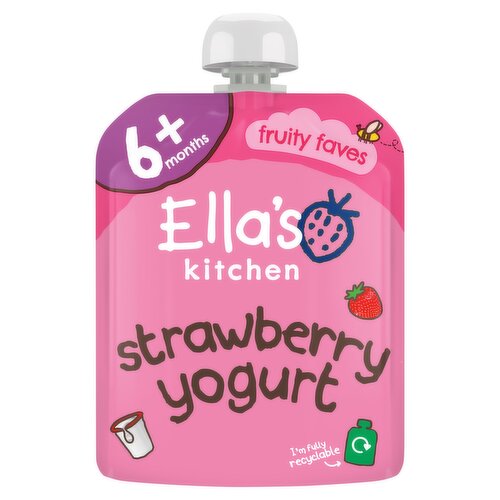 Organic Strawberry Greek Style Yoghurt<br/><br/><b>Nutritional Claims</b><br/>No added salt or sugar<br/><br/><b>Features</b><br/>100% I'm organic<br/>No added water<br/>No lumps or bits and nothing artificial<br/>Just yummy organic fruit yoghurt for kids<br/><br/><b>Lifestyle</b><br/>No Added Salt<br/>No Added Sugar<br/>Organic<br/><br/><b>Pack Size</b><br/>90g ℮<br/><br/><br/><b>Ingredients</b><br/>Organic Greek Style Yoghurt (<span style='font-weight: bold;'>Milk</span>) 37%<br/>Organic Strawberries 30%<br/>Organic Bananas 22%<br/>Organic Apples 10%<br/>Organic Rice Starch 1%<br/>Organic Lemon Juice Concentrate (a Dash)<br/>Other Stuff 0%<br/><br/><b>Allergy Advice</b><br/>For allergens see ingredients in <span style='font-weight: bold;'>bold</span><br/><br/><br/><b>Lower Age Limit</b><br/>Advisory - Months - 36<br/><br/><b>Safety Warning</b><br/>Warning: My cap could be a choking hazard to children under 36 months. Please always keep out of their reach. If I am damaged or look inflated with air, do not feed me to your baby and return the damaged pouch to us.<br/><br/><b>Storage Type</b><br/>Ambient<br/><br/><b>Storage and Usage Statements</b><br/>Do Not Freeze<br/>Cannot be Microwaved<br/><br/><b>Storage</b><br/>Keep me in a cupboard or a fridge.<br/>
Once opened, I can be kept in the fridge for up to 24 hours. Do not freeze me - I won't like it.<br/><br/><b>Preparation and Usage</b><br/>Using me: Squeeze me into a bowl or straight onto a spoon. You can eat me as I am but I taste best cold. Never put my pouch in the microwave.<br/><br/>Country of Origin - Produce of the EU<br/><br/><b>Origin</b><br/>I'm produced in the EU<br/><br/><b>Company Name</b><br/>Ella's Kitchen<br/><br/><b>Company Address</b><br/>RG9 4QG,<br/>
UK.<br/><br/><b>Telephone Helpline</b><br/>+44 (0)330 016 5221<br/><br/><b>Return To</b><br/>Call us on +44 (0)330 016 5221<br/>
Freepost Ella's Kitchen,<br/>
Ella's Kitchen,<br/>
RG9 4QG,<br/>
UK.<br/>