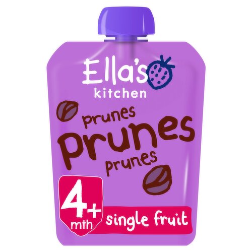 Prunes<br/><br/><b>Nutritional Claims</b><br/>No added sugar or salt<br/><br/><b>Features</b><br/>I'm organic<br/>Simple fruits<br/>No big lumps and nothing artificial<br/>Just yummy organic food for babies<br/>No added sugar or salt - I contain naturally occurring sugars<br/>I'm gluten free<br/><br/><b>Lifestyle</b><br/>Gluten free<br/>No Added Salt<br/>No Added Sugar<br/>Organic<br/><br/><b>Pack Size</b><br/>70g ℮<br/><br/><br/><b>Ingredients</b><br/>Organic Prunes 100%<br/>Other Stuff 0%<br/><br/><b>Lower Age Limit</b><br/>Advisory - Months - 36<br/><br/><b>Safety Warning</b><br/>Warning: My cap could be a choking hazard to children under 36 months. Please always keep out of their reach. If I am damaged or look inflated with air, do not feed me to your baby and return the damaged pouch to us.<br/><br/><b>Storage Type</b><br/>Ambient<br/><br/><b>Storage and Usage Statements</b><br/>Suitable for Home Freezing<br/>Cannot be Microwaved<br/><br/><b>Storage</b><br/>Keep me in a cupboard. Once opened, I can be kept in the fridge for up to 48 hours. I can be frozen - I'll be a bit cold but still taste yummy!<br/><br/><b>Preparation and Usage</b><br/>Using me: Squeeze me into a bowl or straight onto a spoon. To warm me, stand me in hot water + check I'm not too hot. Never put my pouch in the microwave.<br/><br/>Country of Origin - Produce of the EU<br/><br/><b>Company Name</b><br/>Ella's Kitchen<br/><br/><b>Company Address</b><br/>RG9 4QG,<br/>
UK.<br/><br/><b>Telephone Helpline</b><br/>+44 (0) 330 016 5221<br/><br/><b>Return To</b><br/>Call us on +44 (0) 330 016 5221<br/>
Freepost Ella's Kitchen<br/>
Ella's Kitchen,<br/>
RG9 4QG,<br/>
UK.<br/>