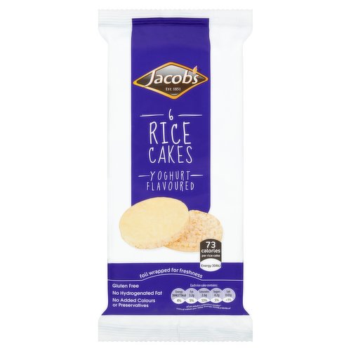 Rice cakes covered with yoghurt flavoured coating<br/><br/><b>Further Description</b><br/>Find out more @ jacobs.ie<br/><br/><b>Features</b><br/>73 calories, energy 304kJ per rice cake<br/>Foil wrapped for freshness<br/>No hydrogenated<br/>Gluten free<br/>No added colours or preservatives<br/>Suitable for vegetarians<br/><br/><b>Lifestyle</b><br/>Suitable for Vegetarians<br/><br/><b>Pack Size</b><br/>90g ℮<br/><br/><b>Usage Other Text</b><br/>This pack contains 6 rice cakes<br/><br/><b>Usage Count</b><br/>Number of uses - Servings - 6<br/><br/><br/><b>Ingredients</b><br/>White Compound Coating with Yoghurt (60%) [Sugar, Vegetable Fat (Coconut, Palm, Shea), Whey Powder (<span style='font-weight: bold;'>Milk</span>), Yoghurt Powder (<span style='font-weight: bold;'>Milk</span>) (15.7%), Emulsifier (<span style='font-weight: bold;'>Soya</span> Lecithin)]<br/>Wholegrain Rice (40%)<br/><br/><b>Allergy Advice</b><br/>For allergens, see ingredients in <span style='font-weight: bold;'>bold</span><br/><br/><br/><b>Allergy Text</b><br/>May contain traces of Sesame, Peanut and other Nuts<br/><br/><br/><b>Storage Type</b><br/>Ambient<br/><br/><b>Storage</b><br/>Store in a cool and dry place, avoid direct sunlight. Once opened store in an airtight container and consume within 5 days.<br/><br/><b>Company Name</b><br/>Valeo Foods<br/><br/><b>Company Address</b><br/>Merrywell Industrial Estate,<br/>
Ballymount,<br/>
Dublin 12.<br/><br/><b>Telephone Helpline</b><br/>1800 855 706<br/><br/><b>Web Address</b><br/>www.valeofoods.ie<br/><br/><b>Return To</b><br/>Be Happy<br/>
At Jacob's we are proud of our products and passionate about good quality and taste. Our rice cakes are made with care for your enjoyment. If our rice cakes reach you in less than perfect condition, please let us know!<br/>
Simply return product and its packaging to our Quality Team at listed address. Your statutory rights are not affected.<br/>
Valeo Foods,<br/>
Merrywell Industrial Estate,<br/>
Ballymount,<br/>
Dublin 12.<br/>
For more information visit: www.valeofoods.ie<br/>
For Customer Care Freephone: 1800 855 706<br/>