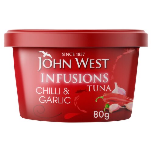 Tuna Flakes with a Little Chilli & Garlic Infused Extra Virgin Olive Oil (10%)<br/><br/><b>Features</b><br/>No Drain<br/>100% Natural Ingredients<br/><br/><b>Lifestyle</b><br/>Dolphin friendly<br/><br/><b>Pack Size</b><br/>80g ℮<br/><br/><br/><b>Ingredients</b><br/>Skipjack <span style='font-weight: bold;'>Tuna</span> (80%)<br/>Extra Virgin Olive Oil (10%)<br/>Rehydrated Dried Garlic (3%)<br/>Red Chilli Puree (1.7%)<br/>Salt<br/>Chilli Flakes<br/>Thickener: Guar Gum<br/>Natural Chilli Flavouring<br/><br/><b>Allergy Text</b><br/>May contain traces of <span style='font-weight: bold;'>Celery</span>, <span style='font-weight: bold;'>Eggs</span>, <span style='font-weight: bold;'>Milk</span>, <span style='font-weight: bold;'>Mustard</span> and <span style='font-weight: bold;'>Soybeans</span>.<br/><br/><br/><b>Safety Warning</b><br/>CARE IS TAKEN PREPARING OUR FISH, BUT SOME BONES MAY REMAIN.<br/><br/><b>Storage Type</b><br/>Ambient<br/><br/><b>Storage</b><br/>Once opened cover, refrigerate and use within 2 days. For Best Before End and Ocean of Catch: See Side of Can<br/><br/><b>Company Name</b><br/>John West Foods Ltd / John West<br/><br/><b>Company Address</b><br/>John West Foods Ltd,<br/>
Liverpool,<br/>
L31 BP,<br/>
UK.<br/>
<br/>
John West,<br/>
ISI Ltd,<br/>
14 Classon House,<br/>
Dundrum,<br/>
Dublin 14,<br/>
Ireland.<br/><br/><b>Durability after Opening</b><br/>Consume Within - Days - 2<br/><br/><b>Web Address</b><br/>www.john-west.com<br/><br/><b>Return To</b><br/>John West Foods Ltd,<br/>
Liverpool,<br/>
L31 BP,<br/>
UK.<br/>
<br/>
John West,<br/>
ISI Ltd,<br/>
14 Classon House,<br/>
Dundrum,<br/>
Dublin 14,<br/>
Ireland.<br/>
www.john-west.com<br/>
Drop us a line at: ahoy-there@john-west.com<br/>