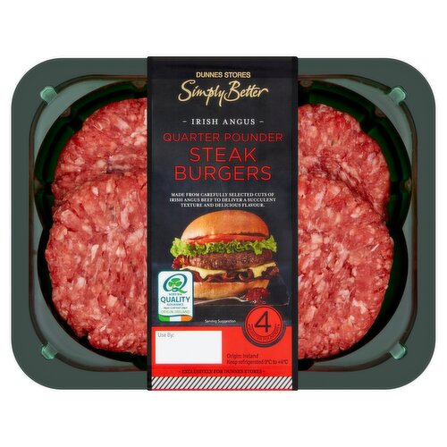 Dunnes Stores Simply Better 4 Irish Angus Quarter Pounder Steak Burgers 454g