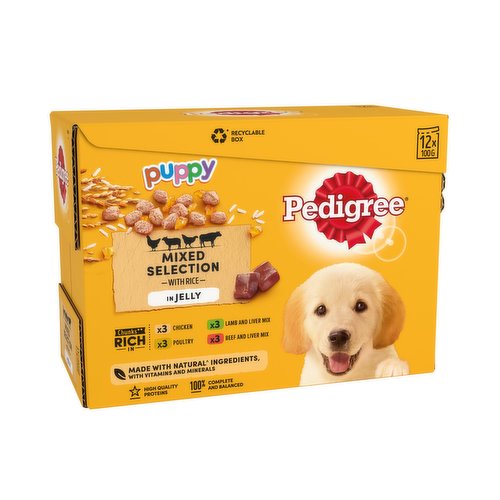 Pedigree Puppy Wet Dog Food Pouches Mixed Selection with Rice in Jelly 12 x 100g