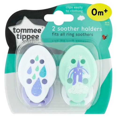 Soother Holders<br/><br/><b>Further Description</b><br/>The days of searching high and low for lost soothers is finally over thanks to Tommee Tippee's Soother Holders! Keep a tight grip on your soothers with the Tommee Tippee Closer to Nature Soother Holders. They'll never disappear over the side of the stroller again. <br/>
<br/>
Flexible Connections <br/>
The Soother Holder has a flex and stretch connector, so that the soothers are never too far away.<br/>
<br/>
Fit with all Closer to Nature Soothers<br/>
Our Soothers Holders work perfectly with all of your favourite Closer to Nature Soothers<br/><br/><b>Features</b><br/>Clips easily to clothing<br/>BPA free<br/>Fits all ring soothers<br/><br/><b>Number of Units</b><br/>2<br/><br/><b>Safety Warning</b><br/>WARNING!<br/>
Before each use check carefully. Throw away at the first sign of damage or weakness. Never lengthen the soother holder! Never attach it to cords, ribbons, laces or loose parts of clothing. The child may be strangled.<br/><br/><b>Storage Type</b><br/>Ambient<br/><br/><b>Storage</b><br/>Do not store or leave in direct sunlight or near a source of heat. Do not store with or allow to come into contact with solvents or harsh chemicals. Do not use this soother holder as a toy or a teether.<br/><br/><b>Preparation and Usage</b><br/>Please read and retain this important information for future reference:<br/>
For your child's safety<br/>
<br/>
CLEANING<br/>
Wash in warm soapy water, rinse in clean water, remove excess water and dry flat away from direct heat.<br/>
Do not clean with solvents or harsh chemicals.<br/>
<br/>
Attach this soother holder only to a garment. Do not use this soother holder when the baby is in a cot, bed or crib.<br/>
Not suitable for use with ringless soothers.<br/><br/>Country of Origin - China<br/><br/><b>Origin</b><br/>Made in China<br/><br/><b>Company Name</b><br/>Mayborn Group<br/><br/><b>Company Address</b><br/>Northumberland Business Park West,<br/>
Cramlington,<br/>
Northumberland,<br/>
NE23 7RH,<br/>
UK.<br/><br/><b>Trademark Information</b><br/>Copyright© Jackel International Limited 2016-17<br/>
Jackel International Limited retains all intellectual property rights.<br/><br/><b>Web Address</b><br/>www.tommeetippee.com<br/><br/><b>Return To</b><br/>Any questions?<br/>
Visit our website www.tommeetippee.com<br/>
Jackel International Limited trading as:<br/>
Mayborn Group,<br/>
Northumberland Business Park West,<br/>
Cramlington,<br/>
Northumberland,<br/>
NE23 7RH,<br/>
UK.<br/><br/>