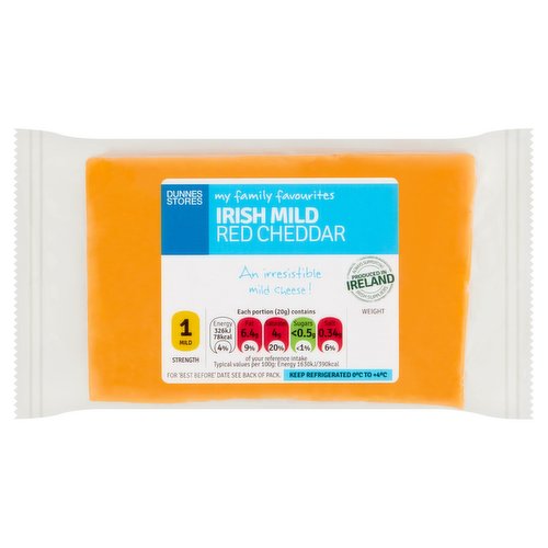 Irish Mild Red Cheddar Cheese<br/><br/><b>Features</b><br/>An irresistible mild cheese!<br/>Always Supporting Irish Suppliers<br/>Strength - Mild - 1<br/>Free from Artificial Colours and Flavours<br/>Suitable for Vegetarians<br/><br/><b>Lifestyle</b><br/>Suitable for Vegetarians<br/><br/><b>Pack Size</b><br/>500g ℮<br/><br/><b>Usage Other Text</b><br/>Number of Servings Per Pack: 25 Approx.<br/><br/><b>Usage Count</b><br/>Number of uses - Servings - 25<br/><br/><b>Recycling Info</b><br/>Film - Plastic - Not Currently Recycled<br/><br/><br/><b>Ingredients</b><br/>Pasteurised Irish <span style='font-weight: bold;'>MILK</span><br/>Salt<br/>Starter Culture<br/>Vegetarian Rennet<br/>Natural Colour: Annatto Norbixin<br/><br/><b>Allergy Advice</b><br/>For allergens, see ingredients in bold.<br/><br/><br/><b>Storage Type</b><br/>Chilled<br/><br/><b>Storage and Usage Statements</b><br/>Keep Refrigerated<br/><br/><b>Storage</b><br/>For 'Best Before' Date See Back of Pack.<br/>
Keep Refrigerated 0°C to +4°C.<br/>
Once opened consume within 7 days and by 'best before' date.<br/><br/><b>Storage Conditions</b><br/>Min Temp °C 0<br/>Max Temp °C 4<br/><br/>Country of Origin - Ireland<br/><br/><b>Origin</b><br/>Produced in Ireland<br/>Packed in Co. Cork<br/><br/><b>Company Name</b><br/>Dunnes Stores<br/><br/><b>Company Address</b><br/>46-50 South Great George's Street,<br/>
Dublin 2.<br/>
<br/>
Store 3,<br/>
Forestside S.C.,<br/>
Upr. Galwally Rd.,<br/>
Belfast,<br/>
BT8 6FX.<br/><br/><b>Durability after Opening</b><br/>Consume Within - Days - 7<br/><br/><b>Return To</b><br/>Dunnes Stores,<br/>
46-50 South Great George's Street,<br/>
Dublin 2.<br/>
<br/>
Dunnes Stores,<br/>
Store 3,<br/>
Forestside S.C.,<br/>
Upr. Galwally Rd.,<br/>
Belfast,<br/>
BT8 6FX.<br/>