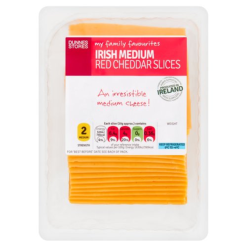 Irish Medium Red Cheddar Cheese Slices<br/><br/><b>Features</b><br/>Strength - Medium - 2<br/>An irresistible medium cheese!<br/>Always Supporting Irish Suppliers<br/>Free from Artificial Colours and Flavours<br/>Suitable for Vegetarians<br/><br/><b>Lifestyle</b><br/>Suitable for Vegetarians<br/><br/><b>Pack Size</b><br/>350g ℮<br/><br/><b>Usage Other Text</b><br/>Number of Servings Per Pack: 17 Approx.<br/><br/><b>Usage Count</b><br/>Number of uses - Servings - 17<br/><br/><b>Recycling Info</b><br/>Film - Plastic - Not Currently Recycled<br/><br/><br/><b>Ingredients</b><br/>Irish Pasteurised <span style='font-weight: bold;'>MILK</span><br/>Salt<br/>Starter Culture<br/>Vegetarian Rennet<br/>Colour: Annatto Norbixin<br/><br/><b>Allergy Advice</b><br/>For allergens, see ingredients in bold.<br/><br/><br/><b>Storage Type</b><br/>Chilled<br/><br/><b>Storage and Usage Statements</b><br/>Keep Refrigerated<br/><br/><b>Storage</b><br/>For 'Best Before' Date See Back of Pack.<br/>
Keep Refrigerated 0°C to +4°C.<br/>
Consume within 4 days of opening and by 'best before' date.<br/><br/><b>Storage Conditions</b><br/>Min Temp °C 0<br/>Max Temp °C 4<br/><br/>Country of Origin - Ireland<br/><br/><b>Origin</b><br/>Produced in Ireland<br/>Packed in Co. Cork<br/><br/><b>Company Name</b><br/>Dunnes Stores<br/><br/><b>Company Address</b><br/>46-50 South Great George's Street,<br/>
Dublin 2.<br/>
<br/>
Store 3,<br/>
Forestside S.C.,<br/>
Upr. Galwally Rd.,<br/>
Belfast,<br/>
BT8 6FX.<br/><br/><b>Durability after Opening</b><br/>Consume Within - Days - 4<br/><br/><b>Return To</b><br/>Dunnes Stores,<br/>
46-50 South Great George's Street,<br/>
Dublin 2.<br/>
<br/>
Dunnes Stores,<br/>
Store 3,<br/>
Forestside S.C.,<br/>
Upr. Galwally Rd.,<br/>
Belfast,<br/>
BT8 6FX.<br/>