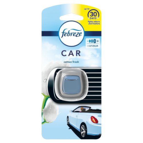 <b>Features</b><br/>Febreze with Odourclear technology fights odours and leaves a light fresh scent<br/>Inspired by the freshness of pure white cotton<br/>Doesn't mask but truly fights tough lingering odours such as food, pet, smoke and trash from your car<br/>Leaves behind a light fresh scent<br/>Each clip lasts up to 30 days<br/>Clips easily on to your in-car air vent, adjustable scent intensity for light freshness<br/>Discreet as well as stylish<br/><br/><b>Pack Size</b><br/>2Mililiters ℮<br/><br/><br/><b>Ingredients</b><br/>Linalool<br/>Tetrahydrolinalool<br/>Hexyl Cinnamal<br/>Cyclamen Aldehyde<br/>Citronellol<br/>Tetramethylbicyclo-2-Heptene-2-Propionaldehyde<br/>Linalyl Acetate<br/>Geranyl Acetate<br/>Limonene<br/>Alpha-Isomethyl Ionone<br/>4-Tert-Butylcyclohexyl Acetate<br/>2.4-Dimethyl-3-Cyclohexene Carboxaldehyde<br/>Geraniol<br/>Isolongifolanone<br/>Hydroxycitronellal<br/>Allyl Cyclohexylpropionate<br/>Hexyl Salicylate<br/>Heliotropine<br/>Methylenedioxyphenyl Methylpropanal<br/>Undecylenal<br/>Delta-Damascone<br/>Isoeugenol<br/><br/><b>Safety Warning</b><br/>Causes skin irritation. Causes serious eye irritation. May cause an allergic skin reaction. Toxic to aquatic life with long lasting effects. Keep out of reach of children. IF ON SKIN: Wash with plenty of water. IF IN EYES: Rinse cautiously with water for several minutes. Call a POISON CENTRE/doctor if you feel unwell.<br/><br/><b>Storage Type</b><br/>Ambient<br/><br/>Country of Origin - Bulgaria<br/>Packed In - Bulgaria<br/><br/><b>CLP Regulation</b><br/>Corrosion - Warning<br/>Environment - Warning<br/>Exclamation Point - Warning<br/>Exploding Bomb - Warning<br/>Flame - Warning<br/>Flame Over Circle - Warning<br/>Gas Cylinder - Warning<br/>Health Hazard - Warning<br/>Skull & Crossbones - Warning<br/><br/><b>Telephone Helpline</b><br/>0800 358 0893<br/><br/><b>Return To</b><br/>Procter & Gamble UKWeybridgeSurreyKT13 0XPUnited Kingdom<br/><br/>