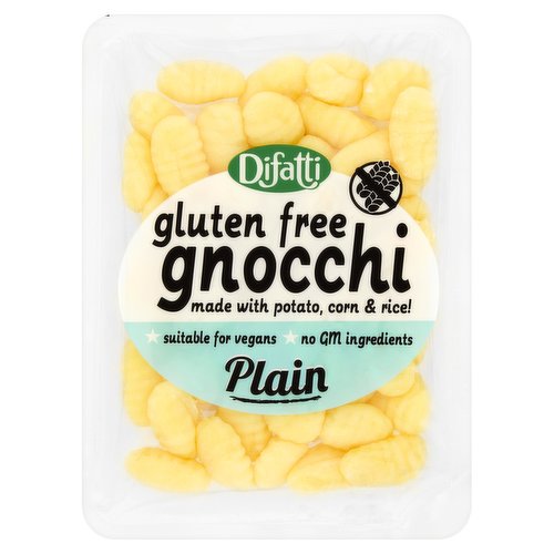 <b>Features</b><br/>Gluten free<br/>Made with potato, corn & rice!<br/>No GM ingredients<br/>Suitable for vegans<br/><br/><b>Lifestyle</b><br/>Gluten free<br/>Suitable for Vegans<br/><br/><b>Pack Size</b><br/>250g ℮<br/><br/><br/><b>Ingredients</b><br/>Rehydrated Potato [Water, Potato Flakes] (70%)<br/>Potato Starch<br/>Corn Flour (12%)<br/>Corn Starch<br/>Salt<br/>Rice Flour (3%)<br/>Acidity Regulator: Lactic Acid<br/>Preservative: Sorbic Acid<br/>Turmeric<br/><br/><b>Storage Type</b><br/>Ambient<br/><br/><b>Storage</b><br/>Best before: see packaging<br/>
Store in a cool, dry place. Once opened, refrigerate and use within 3 days.<br/><br/><b>Preparation and Usage</b><br/>Cooking Directions:<br/>
(1 - 2 servings) You will need 1/2 a litre of water per 100g:<br/>
Bring water to the boil in a saucepan. Cook gnocchi for about 2 minutes until they float to the surface and drain. Dress with pesto, tomato sauces, try with melted butter, sage and black pepper. Sprinkle with grated parmesan.<br/><br/>Country of Origin - Italy<br/><br/><b>Origin</b><br/>Made in Italy<br/><br/><b>Company Name</b><br/>Ocram Ltd<br/><br/><b>Company Address</b><br/>Kemp House,<br/>
152 City Rd,<br/>
London,<br/>
EC1V 2NX,<br/>
UK.<br/><br/><b>Telephone Helpline</b><br/>+44 (0)333 014 4002<br/><br/><b>Return To</b><br/>Ocram Ltd,<br/>
Kemp House,<br/>
152 City Rd,<br/>
London,<br/>
EC1V 2NX,<br/>
UK.<br/>
Email: office@difatti.co.uk<br/>
Tel: +44 (0)333 014 4002<br/>