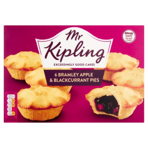 Shortcrust Pastry Cases with a Bramley Apple and Blackcurrant Filling (45%).<br/><br/><b>Features</b><br/>Mr Kipling Bramley Apple & Blackcurrant Pies<br/>Chunks of real Bramley apple and blackcurrant<br/>100% natural flavours<br/>Suitable for vegetarians<br/>Sharing-ready pack of six<br/><br/><b>Lifestyle</b><br/>Suitable for Vegetarians<br/><br/><b>Usage Other Text</b><br/>This pack contains 6 portions<br/><br/><b>Usage Count</b><br/>Number of uses - Servings - 6<br/><br/><b>Recycling Info</b><br/>Carton - Recyclable<br/>Foil - Recyclable<br/>Tray - Recyclable<br/><br/><br/><b>Ingredients</b><br/><span style='font-weight: bold;'>Wheat</span> Flour (with added Calcium, Iron, Niacin, Thiamin)<br/>Sugar<br/>Vegetable Oils (Palm, Rapeseed)<br/>Glucose Syrup<br/>Diced Bramley Apple<br/>Bramley Apple Purée<br/>Blackcurrants<br/>Dextrose<br/>Concentrated Blackcurrant Purée<br/>Modified Maize Starch<br/>Humectant (Vegetable Glycerine)<br/>Salt<br/>Acids (Malic Acid, Citric Acid)<br/>Raising Agents (Disodium Diphosphate, Sodium Bicarbonate)<br/>Preservatives (Potassium Sorbate, Sodium Metabisulphite (<span style='font-weight: bold;'>Sulphites</span>), <span style='font-weight: bold;'>Sulphur Dioxide</span>)<br/><br/><b>Allergy Advice</b><br/>For allergens, including Cereals containing Gluten, see ingredients in <span style='font-weight: bold;'>bold</span>.<br/><br/><br/><b>Allergy Text</b><br/>May also contain Milk and Nuts.<br/><br/><br/><b>Number of Units</b><br/>6<br/><br/><b>Storage Type</b><br/>Ambient<br/><br/><b>Storage</b><br/>Best Stored in a Cool, Dry Place<br/><br/><b>Cooking Guidelines</b><br/>Cooking Instructions - General - All cooking appliances vary in performance, these are given as guidelines only.<br/>
Take care upon heating as the filling may be extremely hot and the pastry can become fragile.<br/>Microwave - From Ambient - (Based on 800W (E) Oven)<br/>
Remove the pies from their foils and place onto a non-metallic plate. Heat for only 10 seconds per pie on max power rating. If heating 4 or more pies at a time, heat for 30 seconds only. Can be served warm or cold.<br/>Oven cook - From Ambient - (Conventional Oven)<br/>
Keeping the pies in their foils, place the pies onto a baking tray and place the tray on the middle shelf of a preheated oven at 190°C/375°F/Fan 170°C/Gas Mark 5 for 6 minutes.<br/><br/>Country of Origin - United Kingdom<br/><br/><b>Origin</b><br/>Carefully baked in the UK<br/>Lovingly baked in Britain<br/><br/><b>Company Name</b><br/>Premier Foods ROI<br/><br/><b>Company Address</b><br/>PO Box No 13008,<br/>
Dublin 1,<br/>
Ireland.<br/><br/><b>Telephone Helpline</b><br/>0800 0223393<br/>ROI 1800 93 2814<br/><br/><b>Web Address</b><br/>www.mrkipling.co.uk<br/><br/><b>Return To</b><br/>Mr Kipling Quality Guarantee<br/>
We want you to enjoy these Bramley Apple & Blackcurrant Pies at their very best. If you are not completely satisfied, or if you have any questions or comments, please retain the packaging and contact our consumer care team.<br/>
Freepost Premier Foods Consumer Relations<br/>
ROI: Premier Foods ROI,<br/>
PO Box No 13008,<br/>
Dublin 1,<br/>
Ireland.<br/>
Visit www.mrkipling.co.uk<br/>
0800 0223393 (between 9.00am and 5.00pm Mon - Fri)<br/>
ROI 1800 93 2814 (between 9.00am and 5.00pm Mon - Fri)<br/>
Your statutory rights are not affected.<br/>