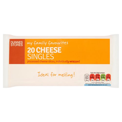 Individually wrapped processed cheese food slices<br/><br/><b>Nutritional Claims</b><br/>High in calcium<br/><br/><b>Features</b><br/>Processed cheese slices, individually wrapped<br/>Ideal for melting!<br/>High in calcium<br/>Free from hydrogenated fat<br/>Free from artificial colours, flavours and preservatives<br/><br/><b>Pack Size</b><br/>400g ℮<br/><br/><b>Usage Other Text</b><br/>Number of serving per pack: 20<br/><br/><b>Usage Count</b><br/>Number of uses - Servings - 20<br/><br/><br/><b>Ingredients</b><br/>Cheese (<span style='font-weight: bold;'>Milk</span>) (60%)<br/>Skimmed <span style='font-weight: bold;'>Milk</span> Concentrate<br/>Butter (<span style='font-weight: bold;'>Milk</span>)<br/>Potato Starch<br/>Emulsifying Salt: Sodium Phosphate<br/><span style='font-weight: bold;'>Milk</span> Protein<br/>Colours: Beta-Carotene, Paprika Extract<br/>Salt<br/>Acidity Regulators: Sodium Carbonate, Lactic Acid<br/><br/><b>Allergy Advice</b><br/>For allergens, see ingredients in <span style='font-weight: bold;'>bold</span>.<br/><br/><br/><b>Storage Type</b><br/>Chilled<br/><br/><b>Storage and Usage Statements</b><br/>Not Suitable for Home Freezing<br/>Keep Refrigerated<br/><br/><b>Storage</b><br/>Keep refrigerated 0°C to +4°C.<br/>
Once opened consume within 7 days and by 'use by' date.<br/>
Not suitable for home freezing.<br/><br/><b>Storage Conditions</b><br/>Min Temp °C 0<br/>Max Temp °C 4<br/><br/>Country of Origin - Austria<br/>Packed In - Austria<br/><br/><b>Origin</b><br/>Produced and packed in Austria<br/><br/><b>Company Name</b><br/>Dunnes Stores / Dunnes Stores (Bangor) Ltd.<br/><br/><b>Company Address</b><br/>Dunnes Stores,<br/>
46-50 South Great George's Street,<br/>
Dublin 2.<br/>
<br/>
Dunnes Stores (Bangor) Ltd.,<br/>
28 Hill Street,<br/>
Newry,<br/>
Co. Down,<br/>
BT34 1AR.<br/><br/><b>Return To</b><br/>Quality Guarantee<br/>
Dunnes Stores is a brand of quality and better value since 1944. If you try and are not entirely satisfied with this Dunnes Stores products, please return the item with the original packaging and receipt to the store and we will be happy to replace or refund it for you. This does not affect statutory rights.<br/>
Dunnes Stores,<br/>
46-50 South Great George's Street,<br/>
Dublin 2.<br/>
<br/>
Dunnes Stores (Bangor) Ltd.,<br/>
28 Hill Street,<br/>
Newry,<br/>
Co. Down,<br/>
BT34 1AR.<br/>