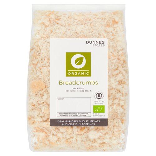 Organic Breadcrumbs<br/><br/><b>Features</b><br/>Organic<br/>Made from specially selected bread<br/>Ideal for creating stuffings and crunchy toppings<br/>Suitable for vegetarians<br/><br/><b>Lifestyle</b><br/>Organic<br/>Suitable for Vegetarians<br/><br/><b>Pack Size</b><br/>200g ℮<br/><br/><b>Usage Other Text</b><br/>Number of servings per pack: 4<br/><br/><b>Usage Count</b><br/>Number of uses - Servings - 4<br/><br/><br/><b>Ingredients</b><br/>Fortified <span style='font-weight: bold;'>Wheat</span> Flour (Organic <span style='font-weight: bold;'>Wheat</span> Flour, Calcium Carbonate, Iron, Niacin (B3), Thiamin (B1))<br/>Water<br/>Yeast<br/>Organic Sunflower Oil<br/>Sea Salt<br/>Flour Treatment Agent: Ascorbic Acid<br/><br/><b>Allergy Advice</b><br/>For allergens, including Cereals containing Gluten, see ingredients in <span style='font-weight: bold;'>bold</span><br/><br/><br/><b>Storage Type</b><br/>Chilled<br/><br/><b>Storage and Usage Statements</b><br/>Suitable for Home Freezing<br/>Keep Refrigerated<br/><br/><b>Storage</b><br/>Keep refrigerated 0°C to +4°C.<br/>
Consume within 48 hours of opening and by 'use by' date.<br/>
Suitable for home freezing. If freezing, freeze on the day of purchase and consume within 1 month. Defrost thoroughly in refrigerator before cooking and use within 24 hours. Once thawed do not refreeze. This product may have been previously frozen and returned to chill temperature under controlled conditions. Further freezing will not affect the quality.<br/>
For 'use by' date, see front of pack.<br/><br/><b>Storage Conditions</b><br/>Min Temp °C 0<br/>Max Temp °C 4<br/><br/><b>Origin</b><br/>Produced and Packed in Co. Westmeath<br/><br/><b>Company Name</b><br/>Dunnes Stores<br/><br/><b>Company Address</b><br/>46-50 South Great George's Street,<br/>
Dublin 2.<br/>
<br/>
Store 3,<br/>
Forestside SC,<br/>
Upr. Galwally Rd.,<br/>
Belfast,<br/>
BT8 6FX.<br/><br/><b>Return To</b><br/>Dunnes Stores,<br/>
46-50 South Great George's Street,<br/>
Dublin 2.<br/>
<br/>
Dunnes Stores,<br/>
Store 3,<br/>
Forestside SC,<br/>
Upr. Galwally Rd.,<br/>
Belfast,<br/>
BT8 6FX.<br/>