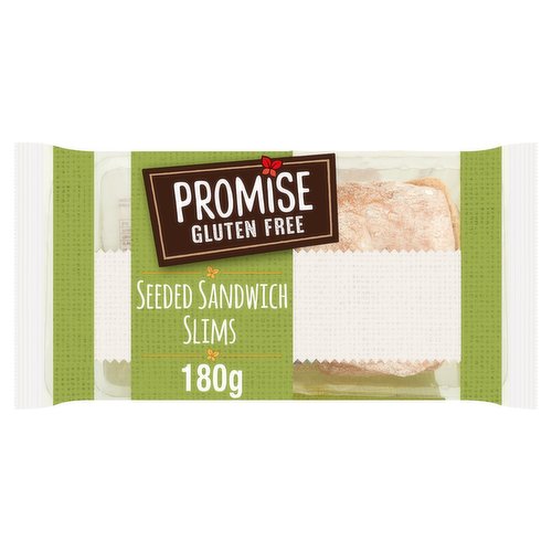 Gluten Free Seeded Sandwich Slims<br/><br/><b>Further Description</b><br/>Find us on Facebook, Twitter and Instagram<br/>
<br/>
Like us on Facebook.com/PromiseGlutenfree<br/>
<br/>
Reducing the consumption of saturated fat contributes to the maintenance of normal blood cholesterol levels. It is important to maintain a varied and balanced diet and healthy lifestyle<br/><br/><b>Nutritional Claims</b><br/>High fibre<br/><br/><b>Features</b><br/>High fibre, dairy free, low saturated fat and delicious<br/>Suitable for vegetarians<br/><br/><b>Lifestyle</b><br/>Suitable for Vegetarians<br/><br/><b>Pack Size</b><br/>180g ℮<br/><br/><b>Usage Other Text</b><br/>This pack contains 4 slims<br/><br/><b>Usage Count</b><br/>Number of uses - Servings - 4<br/><br/><br/><b>Ingredients</b><br/>Water<br/>Rice Flour<br/>Rapeseed Oil<br/>Thickeners: Cellulose, Hydroxypropyl Methyl Cellulose, Xanthan Gum, Sodium Carboxymethyl Cellulose, Methyl Cellulose<br/>Seed Mix (6.2%) (Millet Seeds, Sunflower Seeds, Brown Linseed, Poppy Seed, Quinoa)<br/>Maize Starch<br/>Buckwheat Flour<br/>Humectant: Glycerine<br/>Wholegrain Maize Flour<br/>Yeast<br/>Tapioca Starch<br/>Potato Starch<br/>Psyllium Husk Powder<br/>Sugar<br/>Spirit Vinegar<br/><span style='font-weight: bold;'>Egg</span> White Powder<br/>Cassava Flour<br/>Prune Purée<br/>Iodised Salt (Salt, Potassium Iodate)<br/>Preservatives: Calcium Propionate, Sorbic Acid<br/>Rice Bran<br/>Acidity Regulator: Sodium Carbonate<br/>Natural Flavouring<br/><br/><b>Allergy Advice</b><br/>For allergens, see ingredients in <span style='font-weight: bold;'>bold</span><br/><br/><br/><b>Storage Type</b><br/>Ambient<br/><br/><b>Storage and Usage Statements</b><br/>Suitable for Home Freezing<br/><br/><b>Storage</b><br/>Store in a cool, dry place away from strong odours and sunlight.<br/>
Suitable for home freezing on the day of purchase.<br/>
Use within one month.<br/>
Defrost thoroughly before use.<br/>
Do not refreeze once defrosted.<br/>
For best before date: see front of pack.<br/><br/><b>Company Name</b><br/>Promise Gluten Free Bakery<br/><br/><b>Company Address</b><br/>Ardara,<br/>
Co. Donegal,<br/>
Ireland.<br/><br/><b>Web Address</b><br/>www.promiseglutenfree.com<br/><br/><b>Return To</b><br/>Promise Gluten Free Bakery,<br/>
Ardara,<br/>
Co. Donegal,<br/>
Ireland.<br/>
Contact us at info@promiseglutenfree.com<br/>
www.promiseglutenfree.com<br/>