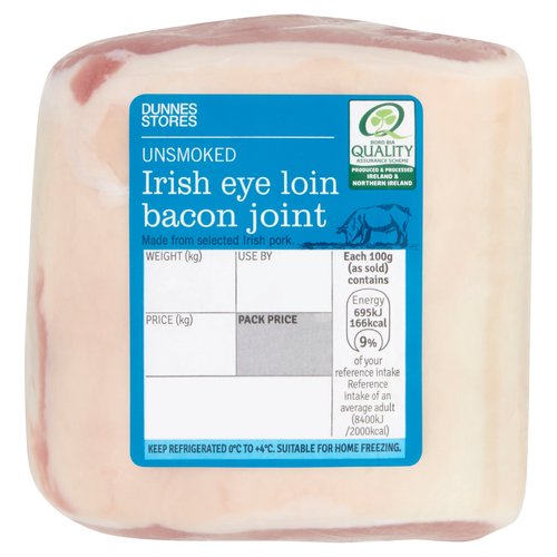 Unsmoked Irish Eye Loin Bacon Joint with Added Water<br/><br/><b>Features</b><br/>Made from selected Irish pork<br/><br/><br/><b>Ingredients</b><br/>Irish Pork (87%)<br/>Water<br/>Salt<br/>Preservative: Sodium Nitrite<br/><br/><b>Storage Type</b><br/>Chilled<br/><br/><b>Storage and Usage Statements</b><br/>Suitable for Home Freezing<br/>Cannot be Microwaved<br/>Keep Refrigerated<br/><br/><b>Storage</b><br/>Keep Refrigerated 0°C to +4°C.<br/>
- Consume within 24 hours of opening and by 'use by' date.<br/>
- For 'use by' date and weight, see front of pack.<br/>
- Suitable for home freezing.<br/>
- If freezing, freeze on the day of purchase and consume within 1 month.<br/>
- Defrost thoroughly in refrigerator before cooking and use within 24 hours.<br/>
- Once thawed do not refreeze.<br/><br/><b>Storage Conditions</b><br/>Min Temp °C 0<br/>Max Temp °C 4<br/><br/><b>Cooking Guidelines</b><br/>Cooking Instructions - General - Raw meat products may contain bacteria that could potentially cause illness if mishandled or cooked incorrectly. Keep raw and cooked products separate. Cooking times will vary with appliances, the following are guidelines only. Not Suitable for Microwave Cooking. <br/>
Do not reheat once cooked.<br/>Oven cook - From Chilled - Remove all packaging.<br/>
190°C/375°F/Gas Mark 5 Fan Assisted Oven 170°C<br/>
30 mins. per 500g plus 30 mins. extra<br/>
- Preheat oven to required temperature shown above.<br/>
- Place joint on a baking tray and cover loosely with tin foil.<br/>
- Place joint on the middle shelf of the oven and cook for time indicated, removing the tin foil for the last 30 minutes of cooking.<br/>
Allow the joint to rest for 10 minutes before carving. Always check the product is piping hot throughout before serving.<br/><br/>Country of Origin - Northern Ireland<br/>Packed In - Northern Ireland<br/><br/><b>Origin</b><br/>Produced and Packed in Co. Tyrone, Northern Ireland<br/><br/><b>Company Name</b><br/>Dunnes Stores / Dunnes Stores (Bangor) Ltd.<br/><br/><b>Company Address</b><br/>Dunnes Stores,<br/>
46-50 South Great George's Street,<br/>
Dublin 2.<br/>
<br/>
Dunnes Stores (Bangor) Ltd.,<br/>
28 Hill Street,<br/>
Newry,<br/>
Co. Down,<br/>
BT34 1AR.<br/><br/><b>Return To</b><br/>Dunnes Stores,<br/>
46-50 South Great George's Street,<br/>
Dublin 2.<br/>
<br/>
Dunnes Stores (Bangor) Ltd.,<br/>
28 Hill Street,<br/>
Newry,<br/>
Co. Down,<br/>
BT34 1AR.<br/>