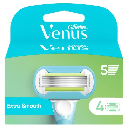 <b>Features</b><br/>REFILL BLADES: Extra Smooth women’s blade refills, each lasts up to one months (based on twice-a-week shave)<br/>Five diamond-like coated blades: Provides a smooth, close and long-lasting shave with 10x more lubrication* for an even better glide. (*Lubricants by weight vs. Venus Smooth)<br/>50% more protection*: Venus SkinCushion™ technology helps protect skin from shave irritation with every shave *after one month vs. Lubrastrip without SkinCushion™<br/>Durable blade design for longer use: Razor blades with a 360̊ ribbon of moisture for glide and a touch of botanical oils. Refills last up to 30 days* (*based on a shave twice a week)<br/>Keep the handle, only change the blades: All Venus blades fit all Venus hand pieces (except Simply Venus)<br/>Fully reyclable packaging: Fully recyclable and made with at least 40% recycled materials. FSC certified<br/><br/><br/><b>Ingredients</b><br/>PEG-115M<br/>PEG-7M<br/>PEG-100<br/>Persea Gratissima (Avocado) Oil<br/>Silica<br/>Pentaerythrityl Tetra-Di-T-Butyl Hydroxyhydrocinnamate<br/>Methyl Di-T-Butyl Hydroxyhydrocinnamate<br/>Tris(Di-T-Butyl)Phosphite<br/>Vitis Vinifera (Grape) Seed Oil<br/>Citric Acid<br/>BHT<br/><br/><b>Number of Units</b><br/>4<br/><br/><b>Safety Warning</b><br/>Not Applicable<br/><br/><b>Storage Type</b><br/>Ambient<br/><br/>Country of Origin - Poland<br/>Packed In - Poland<br/><br/><b>Telephone Helpline</b><br/>00 800 445 53 883<br/><br/><b>Return To</b><br/>Procter & Gamble UK, Weybridge, Surrey, KT13 0XP, UK<br/><br/>