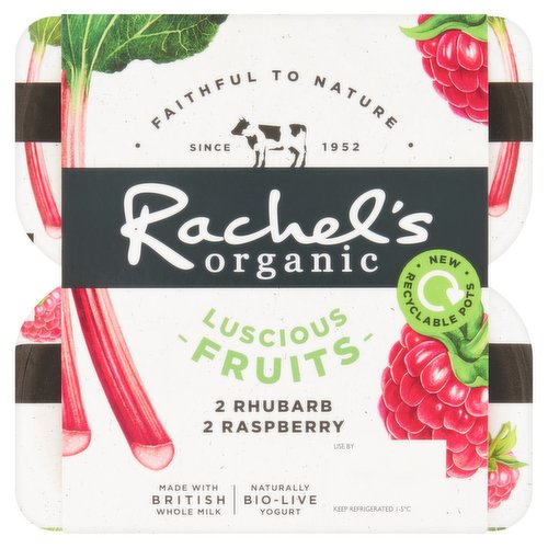 Rachel's Organic Luscious Fruits Raspberry & Rhubarb Naturally Bio-Live Yogurt 4 x 110g (440g)