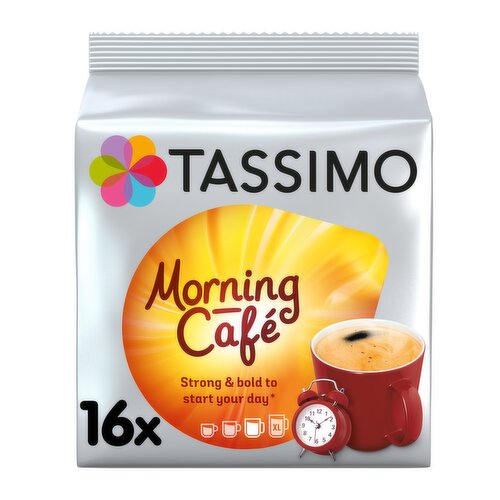 Roast and Ground Coffee.<br/><br/><b>Further Description</b><br/>Discover more at Tassimo.com<br/><br/><b>Features</b><br/>Tassimo Morning Café<br/>Breakfast blend<br/>Strong & bold<br/>Coffee Capsules X16<br/><br/><b>Pack Size</b><br/>7.8g ℮<br/><br/><b>Number of Units</b><br/>16<br/><br/><b>Storage Type</b><br/>Ambient<br/><br/><b>Storage</b><br/>Store in a cool, dry place. Protect from light.<br/><br/><b>Company Address</b><br/>UK: Freepost RSTU-ZHXL-EJKL,<br/>
Horizon,<br/>
Honey Lane,<br/>
Maidenhead,<br/>
SL6 6RJ.<br/>
<br/>
Ireland: 2nd Floor,<br/>
Block F1,<br/>
East Point Business Park,<br/>
Dublin 3,<br/>
Ireland.<br/><br/><b>Telephone Helpline</b><br/>UK: 0808 100 8787<br/>IRL: 1800207275<br/><br/><b>Return To</b><br/>UK: Consumer Response,<br/>
Freepost RSTU-ZHXL-EJKL,<br/>
Horizon,<br/>
Honey Lane,<br/>
Maidenhead,<br/>
SL6 6RJ.<br/>
Freephone: 0808 100 8787<br/>
<br/>
Ireland: 2nd Floor,<br/>
Block F1,<br/>
East Point Business Park,<br/>
Dublin 3,<br/>
Ireland.<br/>
Freephone: 1800207275<br/><br/>