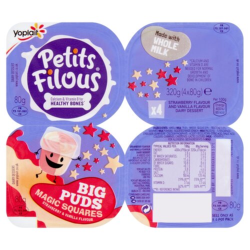 Petits Filous Kids Magic Squares Strawberry & Vanilla Dairy Dessert Pots 4 x 80g