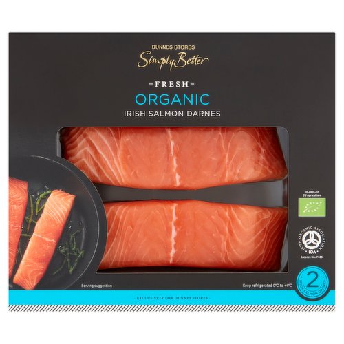 Fresh Organic Irish Skin On Salmon Darnes<br/><br/><b>Nutritional Claims</b><br/>High in Protein<br/>High in Omega 3<br/><br/><b>Features</b><br/>Organic<br/>Responsibly Sourced<br/>High in Protein<br/>High in Omega 3<br/><br/><b>Lifestyle</b><br/>Organic<br/><br/><b>Pack Size</b><br/>220g ℮<br/><br/><b>Usage Other Text</b><br/>Number of Servings Per Pack: 2<br/><br/><b>Usage Count</b><br/>Number of uses - Servings - 2<br/><br/><b>Recycling Info</b><br/>Box - Card - Widely Recycled<br/>Film - Plastic - Not Currently Recycled<br/><br/><br/><b>Ingredients</b><br/>Fresh Organic Irish Salmon (<span style='font-weight: bold;'>Fish</span>) (100%)<br/><br/><b>Allergy Advice</b><br/>For allergens, see ingredients in bold.<br/><br/><br/><b>Safety Warning</b><br/>CAUTION<br/>
- This product is raw and must be cooked.<br/>
- Whilst every effort has been made to remove all bones, some may remain.<br/><br/><b>Storage Type</b><br/>Chilled<br/><br/><b>Storage and Usage Statements</b><br/>Suitable for Home Freezing<br/>Keep Refrigerated<br/><br/><b>Storage</b><br/>Keep Refrigerated 0°C to +4°C.<br/>
- Consume within 24 hours of opening and by 'use by' date.<br/>
- Suitable for home freezing.<br/>
- If freezing, freeze on the day of purchase and consume within 1 month.<br/>
- Defrost thoroughly in refrigerator before cooking and use within 24 hours.<br/>
- Once thawed do not refreeze.<br/><br/><b>Storage Conditions</b><br/>Min Temp °C 0<br/>Max Temp °C 4<br/><br/><b>Cooking Guidelines</b><br/>Cooking Instructions - General - Cooking times will vary with appliances, the following are guidelines only. Remove all packaging.<br/>
Ensure product is piping hot throughout.<br/>
Do not reheat.<br/>Oven cook - From Chilled - 200°C, 180°C Gas 6 12-15 mins<br/>
Preheat oven. Wrap salmon in parchment paper or foil to lock in juices. Place skin side down on a baking tray on the middle shelf of the oven and cook for time indicated.<br/>Shallow Fry - From Chilled - 10-12 mins.<br/>
Preheat 10ml of oil in a pan over a Medium heat. Place the salmon skin side down in the pan and cook gently for time indicated, turning halfway through cooking.<br/><br/><b>Origin</b><br/>Certified Organic Salmon (Salmo salar) farmed in Ireland<br/>Packed in Co. Cork<br/><br/><b>Company Name</b><br/>Dunnes Stores<br/><br/><b>Company Address</b><br/>46-50 South Great George's Street,<br/>
Dublin 2.<br/>
<br/>
Store 3,<br/>
Forestside S.C.,<br/>
Upr. Galwally Rd.,<br/>
Belfast,<br/>
BT8 6FX.<br/><br/><b>Return To</b><br/>Dunnes Stores,<br/>
46-50 South Great George's Street,<br/>
Dublin 2.<br/>
<br/>
Dunnes Stores,<br/>
Store 3,<br/>
Forestside S.C.,<br/>
Upr. Galwally Rd.,<br/>
Belfast,<br/>
BT8 6FX.<br/>