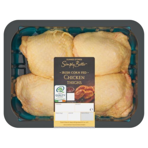 Fresh Class A Irish Corn Fed Chicken Oyster Thighs from Chickens Fed with 50% maize.<br/><br/><b>Pack Size</b><br/>400g ℮<br/><br/><b>Safety Warning</b><br/>CAUTION: This product is raw and must be cooked. This product contains bone.<br/>
FOOD SAFETY TIP: Wash all surfaces, utensils and hands after contact with raw chicken. Keep all raw and cooked products separate.<br/><br/><b>Storage Type</b><br/>Chilled<br/><br/><b>Storage and Usage Statements</b><br/>Suitable for Home Freezing<br/>Keep Refrigerated<br/><br/><b>Storage</b><br/>Keep Refrigerated 0°C to +4°C.<br/>
Consume within 24 hours of opening and by 'use by' date. For 'use by' date and weight, see front of pack. Suitable for home freezing. If freezing, freeze on the day of purchase and consume within 1 month. Defrost thoroughly in refrigerator before cooking and use within 24 hours.<br/>
Once thawed do not refreeze.<br/><br/><b>Storage Conditions</b><br/>Min Temp °C 0<br/>Max Temp °C 4<br/><br/><b>Cooking Guidelines</b><br/>Cooking Instructions - General - Cooking times will vary with appliances, the following are guidelines only. Remove all packaging. Season with sea salt and cracked black pepper.<br/>
200°C, Fan 180°C, Gas 6, 30-35 mins.<br/>Oven cook - From Chilled - Preheat oven. Place the thighs on a foil lined baking tray on the middle shelf of the oven and cook for time indicated until all juices run clear.<br/>
Ensure Product Is Piping Hot Throughout. Do Not Reheat.<br/><br/>Country of Origin - Ireland<br/><br/><b>Origin</b><br/>Packed in Co. Cavan<br/><br/><b>Company Name</b><br/>Dunnes Stores<br/><br/><b>Company Address</b><br/>46-50 South Great George's Street,<br/>
Dublin 2.<br/>
<br/>
Store 3,<br/>
Forestside S.C.,<br/>
Upr. Galwally Rd.,<br/>
Belfast,<br/>
BT8 6FX.<br/><br/><b>Return To</b><br/>Dunnes Stores,<br/>
46-50 South Great George's Street,<br/>
Dublin 2.<br/>
<br/>
Dunnes Stores,<br/>
Store 3,<br/>
Forestside S.C.,<br/>
Upr. Galwally Rd.,<br/>
Belfast,<br/>
BT8 6FX.<br/>