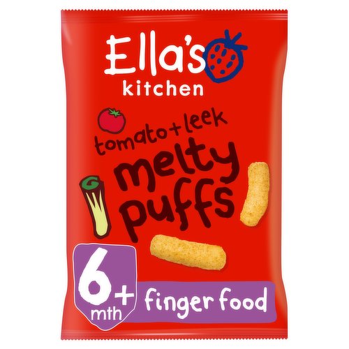 Organic Tomato and Leek Melty Puffs Baby Snack<br/><br/><b>Nutritional Claims</b><br/>No added salt or sugar<br/><br/><b>Features</b><br/>I'm organic<br/>Finger food<br/>No concentrates<br/><br/><b>Lifestyle</b><br/>No Added Salt<br/>No Added Sugar<br/>Organic<br/><br/><b>Pack Size</b><br/>20g ℮<br/><br/><b>Usage Other Text</b><br/>My bag contains 5 portions<br/><br/><b>Usage Count</b><br/>Number of uses - Servings - 5<br/><br/><br/><b>Ingredients</b><br/>Organic Maize Flour 72%<br/>Organic Sunflower Oil 13%<br/>Organic Dried Tomatoes 8%<br/>Organic Dried Carrots 4%<br/>Organic Dried Leeks 2%<br/>Organic Dried Onions 1%<br/>Thiamin (Vitamin B1)* <0.1%<br/>Other Stuff 0%<br/>* I have no Organic Certification<br/><br/><b>Allergy Text</b><br/>I may contain Gluten, Soya and Milk<br/><br/><br/><b>Lower Age Limit</b><br/>Advisory - Months - 6<br/><br/><b>Safety Warning</b><br/>Warning: I'm not suitable for babies under 6 months old. When a baby over 6 months is munching me, make sure they're sitting down and are supervised by an adult to reduce the risk of choking.<br/><br/><b>Storage Type</b><br/>Ambient<br/><br/><b>Storage</b><br/>Keep me in a cool, dry place. Use my sticker to reseal my bag and keep me crispy!<br/><br/><b>Preparation and Usage</b><br/>Using me: From 6 months, little ones are learning hand control. If your little one wants to get hands-on with their food (or yours!), encourage them to pass things from one hand to the other by showing them how.<br/><br/>Country of Origin - Produce of the EU<br/><br/><b>Origin</b><br/>I'm produced in the EU<br/><br/><b>Company Name</b><br/>Ella's Kitchen<br/><br/><b>Company Address</b><br/>RG9 4QG,<br/>
UK.<br/><br/><b>Telephone Helpline</b><br/>+44 (0)330 016 5221<br/><br/><b>Return To</b><br/>Call us on +44 (0)330 016 5221<br/>
Freepost Ella's Kitchen,<br/>
RG9 4QG,<br/>
UK.<br/>