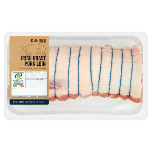 Fresh Irish Roast Loin of Pork<br/><br/><b>Nutritional Claims</b><br/>High in Protein<br/><br/><b>Features</b><br/>Hand prepared by our butchers<br/>Oven Roast According to Weight<br/>High in Protein<br/><br/><b>Pack Size</b><br/>1.25kg ℮<br/><br/><b>Safety Warning</b><br/>CAUTION: This product is raw and must be cooked. Whilst every effort has been made to remove all bones, some may remain. FOOD SAFETY TIP: Wash all surfaces, utensils and hands after contact with raw meat. Keep all raw and cooked products separate.<br/><br/><b>Storage Type</b><br/>Chilled<br/><br/><b>Storage and Usage Statements</b><br/>Suitable for Home Freezing<br/>Keep Refrigerated<br/><br/><b>Storage</b><br/>Keep Refrigerated 0°C to +4°C. Consume within 24 hours of opening and by 'use by' date. For 'use by' date and weight, see top of pack. Suitable for home freezing. If freezing, freeze on the day of purchase and consume within 1 month. Defrost thoroughly in refrigerator before cooking and use within 24 hours. Once thawed do not refreeze.<br/><br/><b>Storage Conditions</b><br/>Min Temp °C 0<br/>Max Temp °C 4<br/><br/><b>Cooking Guidelines</b><br/>Oven cook - From Chilled - Cooking times will vary with appliances, the following are guidelines only. Remove all packaging and allow meat to come up to room temperature for 30 minutes before cooking. Drizzle with a little oil and season with salt and freshly ground black pepper.<br/>
190°C, Fan 170°C, Gas 5, 25 mins. per 500g + 20 mins extra<br/>
Preheat oven. Place the joint on a roasting tray on the middle shelf of the oven and cook for time indicated.<br/>
Ensure product is piping hot throughout.<br/>
Allow joint to rest for 10 minutes before carving.<br/>
Carve thinly using a sharp knife. Do not reheat.<br/><br/>Country of Origin - Ireland<br/><br/><b>Origin</b><br/>Produced and Packed in Co. Dublin<br/><br/><b>Company Name</b><br/>Dunnes Stores / Dunnes Stores (Bangor) Ltd.<br/><br/><b>Company Address</b><br/>Dunnes Stores,<br/>
46-50 South Great George's Street,<br/>
Dublin 2.<br/>
<br/>
Dunnes Stores (Bangor) Ltd.,<br/>
28 Hill Street,<br/>
Newry,<br/>
Co. Down,<br/>
BT34 1AR.<br/><br/><b>Durability after Opening</b><br/>Consume Within - Hours - 24<br/><br/><b>Return To</b><br/>Dunnes Stores,<br/>
46-50 South Great George's Street,<br/>
Dublin 2.<br/>
<br/>
Dunnes Stores (Bangor) Ltd.,<br/>
28 Hill Street,<br/>
Newry,<br/>
Co. Down,<br/>
BT34 1AR.<br/>