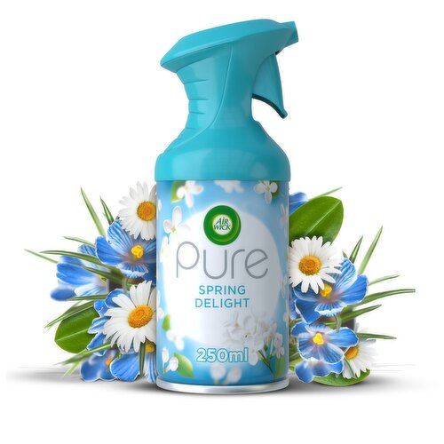 <b>Features</b><br/>Premium Air Freshener Spray<br/>Leaves No Wet Residue<br/>Spring Delight<br/><br/><b>Safety Warning</b><br/>Air Wick Pure Spring Delight. Extremely flammable aerosol.<br/>
Pressurized container: may burst if heated.<br/>
If medical advice is needed, have product container or label at hand.<br/>
Keep out of reach of children.<br/>
Keep away from heat, hot surface, sparks, open flames and other ignition sources. No smoking. Do not pierce or burn, even after use.<br/>
Do not spray on an open flame or other ignition source.<br/>
Protect from sunlight. Do not expose to temperatures exceeding 50 °C.<br/>
IF IN EYES: Rinse cautiously with water for several minutes. Remove contact lenses, if present and easy to do. Continue rinsing. Contains Hexyl Cinnamal, Tetramethyl Acetyloctahydronaphtalenes. May produce an allergic reaction.<br/>
RB UK - PO Box 4044, Slough, SL1 0NS. Tel: 0800 376 8181<br/>
RB IE - Citywest Business Campus, Dublin 24. Tel: 01 661 7318<br/><br/><b>Storage Type</b><br/>Ambient<br/><br/><b>Company Name</b><br/>RB UK Commercial Ltd. / Reckitt Benckiser Ireland Ltd<br/><br/><b>CLP Regulation</b><br/>Flame - Danger<br/><br/><b>Telephone Helpline</b><br/>UK - 0845 769 7079<br/>
ROI - 01 661 7318<br/><br/><b>Return To</b><br/>Reckitt Benckiser,<br/>
UK - PO Box 4044,<br/>
Slough,<br/>
SL1 0NS.<br/>
Tel 0845 769 7079<br/>
<br/>
ROI - Citywest Business Campus,<br/>
Dublin 24.<br/>
Tel 01 661 7318<br/><br/>