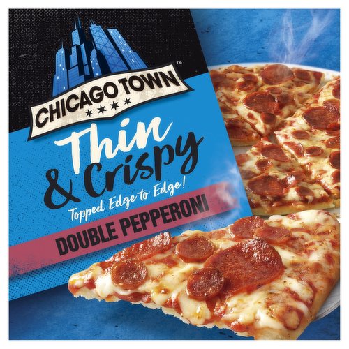 Thin and crispy pizza base topped with tomato sauce, mozzarella cheese and pepperoni.<br/><br/><b>Further Description</b><br/>Like us?<br/>
For great offers and competitions follow us on social media or get updates direct to your inbox at chicagotown.com<br/><br/><b>Features</b><br/>Topped edge to edge!<br/>Cook in Only 11 Mins<br/><br/><b>Pack Size</b><br/>305g ℮<br/><br/><b>Usage Other Text</b><br/>Each pack contains one pizza, one pizza serves 2 people<br/><br/><b>Usage Count</b><br/>Number of uses - Servings - 2<br/><br/><b>Recycling Info</b><br/>Box - Recycle<br/>Wrap - Not Recyclable<br/><br/><br/><b>Ingredients</b><br/><span style='font-weight: bold;'>WHEAT</span> Flour (with Calcium, Niacin (B3), Iron, Thiamin (B1))<br/><span style='font-weight: bold;'>MOZZARELLA CHEESE</span> (21%)<br/>Tomato Puree<br/>Pepperoni (6%) (Pork, Pork Fat, Salt, Spices, Dextrose, Antioxidants (Ascorbic Acid, Extracts of Rosemary), Maltodextrin, Spice Extracts, Preservative (Sodium Nitrite), Smoke)<br/>Water<br/>Pepperoni-Salami (5%) (Pork, Pork Fat, Salt, Spices, Dextrose, Onion Powder, Garlic Powder, Spice Extracts, Antioxidants (Extracts of Rosemary, Sodium Ascorbate), Preservative (Sodium Nitrite), Smoke)<br/>Vegetable Oils (Rapeseed, Palm)<br/>Yeast<br/>Sugar<br/>Modified Potato Starch<br/>Salt<br/>Herbs and Spices<br/>Garlic<br/>Flavouring<br/>Colour (Beta-Carotene)<br/><br/><b>Allergy Advice</b><br/>For allergens, including Cereals containing Gluten, see ingredients in <span style='font-weight: bold;'>BOLD</span>.<br/><br/><br/><b>Storage Type</b><br/>Frozen<br/><br/><b>Storage and Usage Statements</b><br/>Keep Frozen<br/>Keep Flat<br/><br/><b>Storage</b><br/>See Side of Pack for Best Before End.<br/>
Keep Frozen and Store Flat.<br/>
Do Not Defrost.<br/>
Keep at -18°C or Cooler.<br/><br/><b>Storage Conditions</b><br/>Max Temp °C -18<br/><br/><b>Cooking Guidelines</b><br/>Oven cook - From Frozen - These are cooking guidelines only.<br/>
Keep pizza frozen until ready to cook.<br/>
Pre-heat your oven: Fan Oven 200°C, Cook for approx: 11-14 minutes<br/>
Pre-heat your oven: Conventional Oven 220°C/425°F, Cook for approx: 11-14 minutes<br/>
Pre-heat your oven: Gas Oven Gas Mark 7, Cook for approx: 11-14 minutes<br/>
- Remove all packaging.<br/>
- Place the pizza directly onto the middle shelf of a pre-heated oven.<br/>
- Rotate pizza half way through cooking.<br/>
- Check the pizza is hot throughout before serving and that the cheese is melted and lightly browned.<br/>
Caution: Topping Will Be Extremely Hot!<br/><br/>Country of Origin - United Kingdom<br/><br/><b>Origin</b><br/>Made in the United Kingdom using pork and milk from different origins<br/><br/><b>Company Name</b><br/>Chicago Town<br/><br/><b>Company Address</b><br/>20 Marathon Place,<br/>
Leyland,<br/>
PR26 7QN.<br/>
<br/>
Unit 13,<br/>
Block E,<br/>
Calmount Park,<br/>
Ballymount,<br/>
Dublin 12,<br/>
Ireland.<br/><br/><b>Return To</b><br/>Guarantee<br/>
We at Chicago Town are committed to bringing you quality and satisfaction. If you are not entirely satisfied with this product, please return the prepared on date information to our Consumer Response Team at the address shown on the back of this pack. Also state the nature of your complaint and when and where you bought it. This guarantee does not affect your statutory rights.<br/>
Contact Information:<br/>
Email: crt@chicagotown.com<br/>
Chicago Town Customer Care,<br/>
20 Marathon Place,<br/>
Leyland,<br/>
PR26 7QN.<br/>
<br/>
Chicago Town Customer Care,<br/>
Unit 13,<br/>
Block E,<br/>
Calmount Park,<br/>
Ballymount,<br/>
Dublin 12,<br/>
Ireland.<br/>