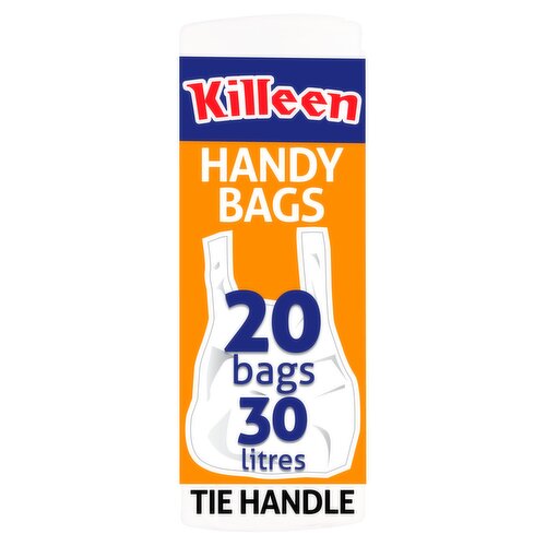 Tie Handle Handy Bags<br/><br/><b>Further Description</b><br/>To learn more about our full product range and helpful cleaning tips visit www.killeenhousehold.ie<br/><br/><b>Number of Units</b><br/>20<br/><br/><b>Safety Warning</b><br/>Warning: To avoid danger of suffocation keep these bags away from babies and children. Do not place hot ashes in these bags.<br/><br/><b>Storage Type</b><br/>Ambient<br/><br/><b>Company Name</b><br/>Killeen Household Products<br/><br/><b>Company Address</b><br/>Platin Road,<br/>
Drogheda,<br/>
Co. Louth.<br/><br/><b>Trademark Information</b><br/>Killeen is a registered Trademark.<br/><br/><b>Return To</b><br/>Killeen Household Products,<br/>
Platin Road,<br/>
Drogheda,<br/>
Co. Louth.<br/><br/>