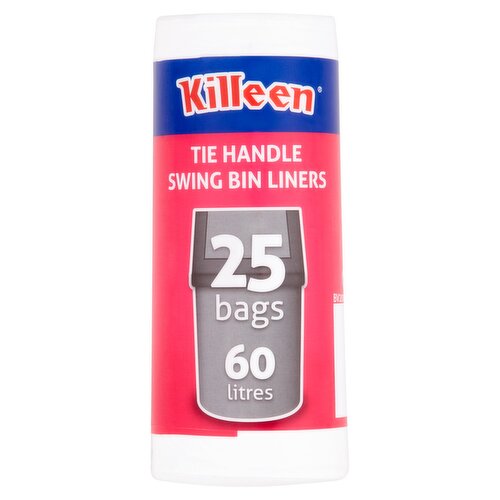 Tie Handle Swing Bin Liners<br/><br/><b>Further Description</b><br/>To learn more about our full product range and helpful cleaning tips visit www.killeenhousehold.ie<br/><br/><b>Number of Units</b><br/>25<br/><br/><b>Safety Warning</b><br/>Warning: To avoid danger of suffocation keep these bags away from babies and children. Do not place hot ashes in these bags.<br/><br/><b>Storage Type</b><br/>Ambient<br/><br/><b>Company Name</b><br/>Killeen Household Products<br/><br/><b>Company Address</b><br/>Platin Road,<br/>
Drogheda,<br/>
Co. Louth.<br/><br/><b>Trademark Information</b><br/>Killeen is a registered Trademark.<br/><br/><b>Return To</b><br/>Killeen Household Products,<br/>
Platin Road,<br/>
Drogheda,<br/>
Co. Louth.<br/><br/>
