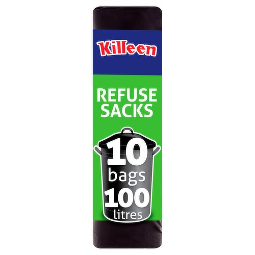 Refuse Sacks<br/><br/><b>Further Description</b><br/>To learn more about our full product range and helpful cleaning tips visit www.killeenhousehold.ie<br/><br/><b>Number of Units</b><br/>10<br/><br/><b>Safety Warning</b><br/>Warning: To avoid danger of suffocation keep these bags away from babies and children. Do not place hot ashes in these bags.<br/><br/><b>Storage Type</b><br/>Ambient<br/><br/><b>Company Name</b><br/>Killeen Household Products<br/><br/><b>Company Address</b><br/>Platin Road,<br/>
Drogheda,<br/>
Co. Louth.<br/><br/><b>Trademark Information</b><br/>Killeen is a registered Trademark.<br/><br/><b>Return To</b><br/>Killeen Household Products,<br/>
Platin Road,<br/>
Drogheda,<br/>
Co. Louth.<br/><br/>