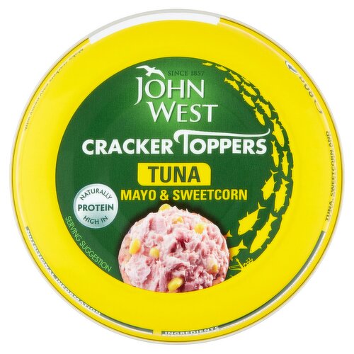 Tuna, Sweetcorn and Mayonnaise Spread<br/><br/><b>Nutritional Claims</b><br/>Naturally high in protein<br/><br/><b>Features</b><br/>Naturally high in protein<br/><br/><b>Lifestyle</b><br/>Dolphin friendly<br/><br/><b>Pack Size</b><br/>80g ℮<br/><br/><br/><b>Ingredients</b><br/>Skipjack Tuna (<span style='font-weight: bold;'>Fish</span>) (40%)<br/>Water<br/>Sunflower Oil (15%)<br/>Sweetcorn (11%)<br/>Sugar<br/>Modified Tapioca Starch<br/>Bamboo Fibre<br/><span style='font-weight: bold;'>Egg</span> Yolk Powder (1,0%)<br/>Spirit Vinegar<br/>Concentrated Lemon Juice<br/>Salt<br/>Thickeners: Guar Gum, Xanthan Gum<br/><br/><b>Storage Type</b><br/>Ambient<br/><br/><b>Storage</b><br/>Once opened, keep any unused product covered, refrigerated and consume within 2 days<br/>
For Best Before End & Ocean of Catch See End of Can<br/><br/><b>Preparation and Usage</b><br/>Make crackers easy peasy with our delicious Cracker Toppers.<br/>
Why not try them as a snack with breadsticks or as a tasty sandwich filler?<br/><br/>Country of Origin - France<br/><br/><b>Origin</b><br/>Produced in France<br/><br/><b>Company Name</b><br/>John West Foods Ltd.<br/><br/><b>Company Address</b><br/>Liverpool,<br/>
L3 1BP,<br/>
UK.<br/><br/><b>Durability after Opening</b><br/>Consume Within - Days - 2<br/><br/><b>Return To</b><br/>Drop us a line at ahoy-there@john-west.com<br/>
John West Foods Ltd.,<br/>
Liverpool,<br/>
L3 1BP,<br/>
UK.<br/>