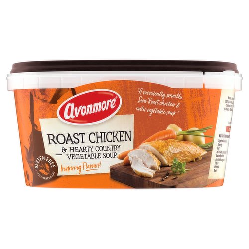 Roast Chicken & Hearty Country Vegetable Soup<br/><br/><b>Features</b><br/>Chef Inspired Recipe<br/>Inspiring flavours!<br/>1 Tub (400g) = 1 of Your 5 a Day<br/>Microwave in Pot<br/>Gluten Free<br/>No Artificial Colours or Preservatives<br/><br/><b>Lifestyle</b><br/>Gluten free<br/><br/><b>Pack Size</b><br/>400g ℮<br/><br/><br/><b>Ingredients</b><br/>Water<br/>Carrot (19%)<br/>Onion<br/>Potato (6%)<br/>Leek<br/>Chicken (5%) (Chicken Breast (89%), Water, Salt)<br/>Fresh Irish Cream (<span style='font-weight: bold;'>Milk</span>)<br/>Irish Creamery Butter (<span style='font-weight: bold;'>Milk</span>)<br/><span style='font-weight: bold;'>Celery</span><br/>Chicken Stock (Flavouring, Maltodextrin, Yeast Extract, Chicken Meat, Vegetable Extracts (Onion, Carrot & Leek), Spices)<br/>Vegetable Stock (Rice Flour, Sunflower Oil, <span style='font-weight: bold;'>Celery</span>, Turmeric, Parsley)<br/>Black Pepper<br/><br/><b>Allergy Advice</b><br/>For allergens, see ingredients highlighted in <span style='font-weight: bold;'>bold</span>.<br/><br/><br/><b>Safety Warning</b><br/>As with all chicken products, bones may be occasionally found.<br/><br/><b>Storage Type</b><br/>Chilled<br/><br/><b>Storage and Usage Statements</b><br/>Keep Refrigerated<br/><br/><b>Storage</b><br/>Keep refrigerated between 0° to +5°C.<br/>
Consume within 2 days of opening.<br/><br/><b>Storage Conditions</b><br/>Min Temp °C 0<br/>Max Temp °C 5<br/><br/><b>Cooking Guidelines</b><br/>Cooking Instructions - General - Preparing Your Soup<br/>
All appliances vary, these instructions are just a guide.<br/>
Shake gently before opening!<br/>Hob - From Chilled - Pour the contents into a heavy based saucepan. Gently heat the soup through for 4 minutes until piping hot, stirring occasionally. Do not allow to boil!<br/>Microwave - From Chilled - Break tab remove lid and replace loosely.<br/>
Heat on full power following the guidelines below:<br/>
750W - 5 mins \ 900W - 4 mins<br/>
Remember to stir occasionally. For different microwave outputs adjust time accordingly. Stir well before serving. Pot will be hot - Handle with care!<br/><br/><b>Preparation and Usage</b><br/>Some Mealtime Inspiration!<br/>
"Delicious with some fresh grilled sourdough bread and Avonmore fresh creamery butter."<br/>
<br/>
Give Me a Shake Before Opening<br/><br/><b>Company Name</b><br/>Glanbia Consumer Foods / Glanbia Foods (NI)<br/><br/><b>Company Address</b><br/>Glanbia Consumer Foods,<br/>
Citywest,<br/>
Dublin 24.<br/>
<br/>
Glanbia Foods (NI),<br/>
202 City Business Park,<br/>
Dunmurry,<br/>
Belfast,<br/>
BT17 9HY.<br/><br/><b>Telephone Helpline</b><br/>01 866 2176<br/>0845 600 567<br/><br/><b>Return To</b><br/>Glanbia Consumer Foods,<br/>
Citywest,<br/>
Dublin 24.<br/>
Tel: 01 866 2176<br/>
<br/>
Glanbia Foods (NI),<br/>
202 City Business Park,<br/>
Dunmurry,<br/>
Belfast,<br/>
BT17 9HY.<br/>
Tel: 0845 600 567<br/>
Email: freshsoup@avonmore.ie<br/>