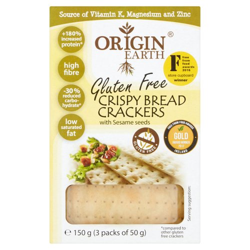 Origin Earth Gluten Free Crispy Bread Crackers with Sesame Seeds 3 x 50g (150g)