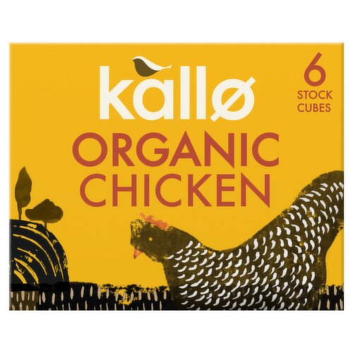 Organic Free Range Chicken Stock Cubes<br/><br/><b>Further Description</b><br/>Just So You Know:<br/>
Our palm oil is responsibly sourced and we're certified by the Roundtable on Sustainable Palm Oil.<br/>
<br/>
Design: bigfish.co.uk<br/><br/><b>Features</b><br/>Organic<br/>Add Taste, Nothing Else<br/>Gluten & Lactose Free<br/>No artificial colours, flavours or preservatives<br/>No added MSG<br/><br/><b>Lifestyle</b><br/>Gluten free<br/>Organic<br/><br/><b>Pack Size</b><br/>11g ℮<br/><br/><br/><b>Ingredients</b><br/>Sea Salt<br/>Potato Starch*<br/>Sustainable Palm Fat*<br/>Sugar*<br/>Chicken Fat* (3.5%)<br/>Yeast Extract*<br/>Natural Chicken Flavour<br/>Chicken Powder* (1%)<br/>Spices* and Herbs* (Tumeric*, Black Pepper*, Parsley*, Rosemary*)<br/>Onion*<br/>*Organic ingredients<br/><br/><b>Allergy Text</b><br/>May contain Celery.<br/><br/><br/><b>Number of Units</b><br/>6<br/><br/><b>Storage Type</b><br/>Ambient<br/><br/><b>Storage</b><br/>Store in a cool, dry place.<br/><br/><b>Preparation and Usage</b><br/>How to Use<br/>
Dissolve one Kallo Organic Chicken Stock Cube in 500ml of boiling water and add to recipe.<br/><br/><b>Company Name</b><br/>Kallo Foods Ltd<br/><br/><b>Company Address</b><br/>River View,<br/>
Surrey,<br/>
GU17 9AB.<br/><br/><b>Telephone Helpline</b><br/>0345 602 1519<br/><br/><b>Web Address</b><br/>www.kallo.com<br/><br/><b>Return To</b><br/>Drop Us a Line:<br/>
Kallo Foods Ltd,<br/>
River View,<br/>
Surrey,<br/>
GU17 9AB.<br/>
0345 602 1519<br/>
consumerservices@kallofoods.com<br/>
For all things Kallo, visit: www.kallo.com<br/>
