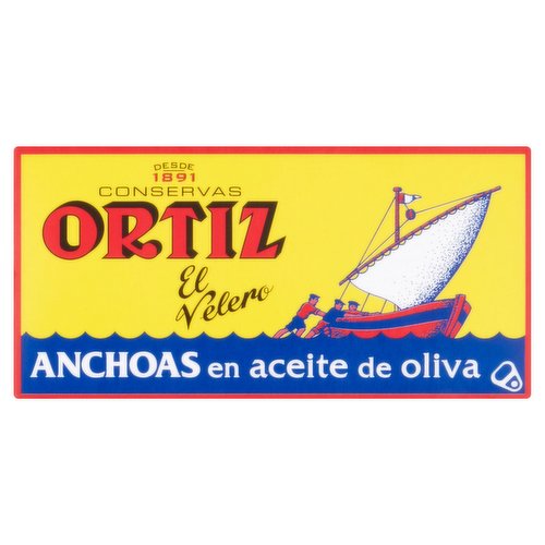 Anchovies in olive oil.<br/><br/><b>Pack Size</b><br/>47,5g ℮<br/><br/><br/><b>Ingredients</b><br/>Anchovies<br/>Olive Oil and Salt<br/><br/><b>Storage Type</b><br/>Ambient<br/><br/><b>Storage</b><br/>Best before: See side.<br/>
Keep cool.<br/><br/><b>Company Name</b><br/>Conservas Ortiz, S.A.<br/><br/><b>Company Address</b><br/>Iñaki Deuna 15,<br/>
48700 Ondárroa,<br/>
(Vizcaya) España.<br/><br/><b>Web Address</b><br/>www.conservasortiz.com<br/><br/><b>Return To</b><br/>Conservas Ortiz, S.A.,<br/>
Iñaki Deuna 15,<br/>
48700 Ondárroa,<br/>
(Vizcaya) España.<br/>
www.conservasortiz.com<br/>