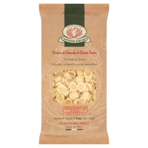 <b>Features</b><br/>Italian macaroni product<br/>Dried at low temperature<br/><br/><b>Pack Size</b><br/>250g ℮<br/><br/><br/><b>Ingredients</b><br/>Durum <span style='font-weight: bold;'>Wheat</span> Semolina<br/>Water<br/><br/><b>Allergy Text</b><br/>Contains Wheat.<br/><br/><br/><b>Storage Type</b><br/>Ambient<br/><br/><b>Storage</b><br/>Store in a cool, dry place away from light and direct heat.<br/>
Best before: see the date printed on the package.<br/><br/><b>Preparation and Usage</b><br/>The secret for a perfect pasta cooking "al dente"<br/>
For every 100 grams of dry pasta, you need about 1 liter of water (preferably not hard water). Boil the water slowly. Add about 10 grams of salt, pour in the pasta and turn up the stove, so that boiling is faster. Stir with a wooden utensil and let the pasta cook for the recommended time. When ready, add a cup of cold water and drain. Season to taste.<br/><br/>Country of Origin - Italy<br/><br/><b>Origin</b><br/>Made in Italy<br/><br/><b>Company Name</b><br/>Rustichella d'Abruzzo S.p.A.<br/><br/><b>Company Address</b><br/>P.zza Vestini, 20,<br/>
65019,<br/>
Pianella (PE),<br/>
Italy.<br/>
<br/>
Stabilimento di C. da Casale 4,<br/>
Moscufo (PE),<br/>
Italy.<br/><br/><b>Telephone Helpline</b><br/>+ 39 085/971308<br/><br/><b>Web Address</b><br/>www.rustichella.it<br/><br/><b>Return To</b><br/>Rustichella d'Abruzzo S.p.A.,<br/>
P.zza Vestini, 20,<br/>
65019,<br/>
Pianella (PE),<br/>
Italy.<br/>
<br/>
Stabilimento di C. da Casale 4,<br/>
Moscufo (PE),<br/>
Italy.<br/>
Tel. + 39 085/971308 - Fax + 39 085/972521<br/>
www.rustichella.it<br/>
info@rustichella.it<br/>