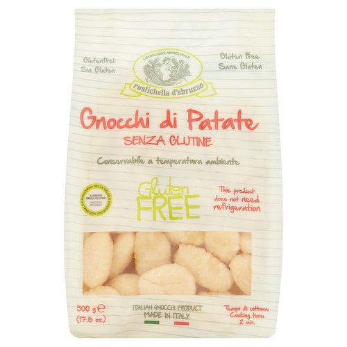 Gluten Free Potato Gnocchi<br/><br/><b>Features</b><br/>Italian gnocchi product<br/>Cooking times 2 min<br/>Gluten free<br/><br/><b>Lifestyle</b><br/>Gluten free<br/><br/><b>Pack Size</b><br/>500g ℮<br/><br/><br/><b>Ingredients</b><br/>70% Dehydrated Potatoes (Water, Potatoes Flakes)<br/>Corn Flour<br/>Potato Starch<br/>Corn Starch<br/>Rice Flour<br/>Salt<br/>Acidity Regulator: Lactic Acid<br/>Preservatives: Sorbic Acid<br/>Turmeric<br/><br/><b>Storage Type</b><br/>Ambient<br/><br/><b>Storage</b><br/>Store in a cool and dry place. Once opened, keep refrigerated for max 3 days. Do not perforate the package. This product does not need refrigeration.<br/>
Best before: see the date printed on the package.<br/><br/><b>Cooking Guidelines</b><br/>Hob - From Ambient - In a Pot: Pour the gnocchi in boiling salted water and drain them as soon as they surface. Cooking time: roughly 2 minutes.<br/>Shallow Fry - From Ambient - In a Pan: Melt a knob of butter in a non-stick pan, add the gnocchi and cook them for 5 minutes until they become golden brown, mixing them from time to time.<br/><br/>Country of Origin - Italy<br/><br/><b>Origin</b><br/>Made in Italy<br/><br/><b>Company Name</b><br/>Rustichella d'Abruzzo S.p.A.<br/><br/><b>Company Address</b><br/>Piazza dei Vestini, 20,<br/>
65019,<br/>
Pianella (PE),<br/>
Italia.<br/><br/><b>Web Address</b><br/>www.rustichella.it<br/><br/><b>Return To</b><br/>Rustichella d'Abruzzo S.p.A.,<br/>
Piazza dei Vestini, 20,<br/>
65019,<br/>
Pianella (PE),<br/>
Italia.<br/>
www.rustichella.it<br/>
info@rustichella.it<br/>