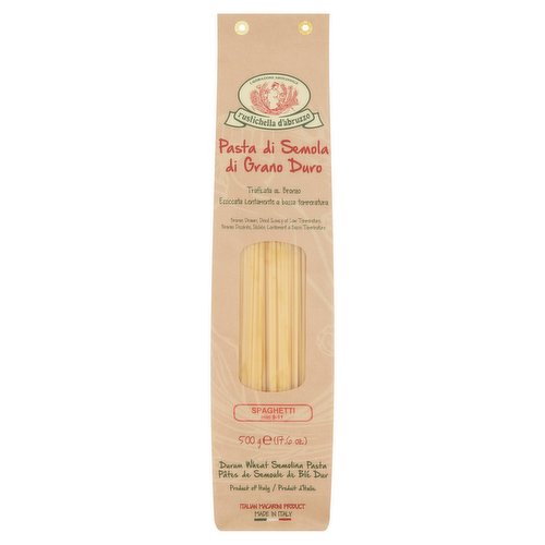 Durum Wheat Semolina Pasta<br/><br/><b>Features</b><br/>Bronze drawn, dried slowly at low temperature<br/>Italian macaroni product<br/><br/><b>Pack Size</b><br/>500g ℮<br/><br/><b>Storage Type</b><br/>Ambient<br/><br/><b>Cooking Guidelines</b><br/>Hob - From Ambient - Bronze Dies Dried at Low Temperature<br/>
The Secret for a Perfect Pasta Cooking "Al Dente". For every 100 g of dry pasta, you need about 1 litre of water (preferably not hard water). Boil the water slowly. Add about 10 g of salt, pour in the pasta and turn up the stove, so that boiling is faster. Stir with a wooden utensil and let the pasta cook for the recommended time. When ready, add a cup of cold water and drain. Season to taste.<br/><br/><b>Preparation and Usage</b><br/>For Rustichella's classic shapes, a Mediterranean Diet typical sauce with simple and healthy ingredients.<br/>
Ingredients: 500 g Rust's "classic shape" pasta, 500 g of Pear tomatoes of Abruzzo, 4 spoon of extra virgin olive oil, fresh basil, 1 clove of garlic, Grana or Parmesan cheese or Pecorino cheese, salt. Preparation: Slice the tomatoes and salt with coarse salt and let them drip for 10 minutes. In a large pan nicely golden the garlic, in extra virgin olive oil, and add the tomatoes. The nine minutes required for the pasta to cook would be <br/>
necessary to obtain your Mediterranean sauce. Saute the pasta in the sauce, add 6 leaves of fresh basil and sprinkle of Parmesan cheese or Pecorino, and... Enjoy your meal!<br/><br/>Country of Origin - Italy<br/>