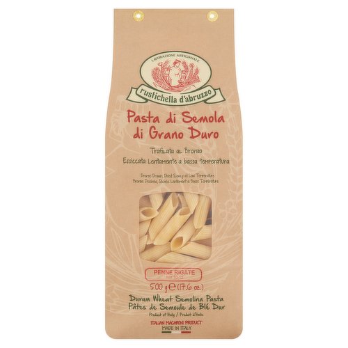 Durum Wheat Semolina Pasta<br/><br/><b>Features</b><br/>Bronze drawn, dried slowly at low temperature<br/>Italian macaroni product<br/><br/><b>Pack Size</b><br/>500g ℮<br/><br/><br/><b>Ingredients</b><br/>Durum <span style='font-weight: bold;'>Wheat</span> Semolina<br/>Water<br/><br/><b>Allergy Text</b><br/>Contains Wheat.<br/><br/><br/><b>Storage Type</b><br/>Ambient<br/><br/><b>Storage</b><br/>Store in a cool, dry place away from light and direct heat.<br/>
Best before: see the date printed on the package.<br/><br/><b>Cooking Guidelines</b><br/>Hob - From Ambient - Bronze Dies - Dried at Low Temperature<br/>
The Secret for a Perfect Pasta Cooking "Al Dente".<br/>
For every 100 g of dry pasta, you need about 1 litre of water (preferably not hard water). Boil the water slowly. Add about 10 g of salt, pour in the pasta and turn up the stove, so that boiling is faster. Stir with a wooden utensil and let the pasta cook for the recommended time. When ready, add a cup of cold water and drain. Season to taste.<br/><br/><b>Preparation and Usage</b><br/>For Rustichella's classic shapes, a Mediterranean Diet typical sauce with simple and healthy ingredients.<br/>
Ingredients: 500 g Rust's "classic shape" pasta, 500 g of Pear tomatoes of Abruzzo, 4 spoon of extra virgin olive oil, fresh basil, 1 clove of garlic, Grana or Parmesan cheese or Pecorino cheese, salt. Preparation: Slice the tomatoes and salt with coarse salt and let them drip for 10 minutes. In a large pan nicely golden the garlic, in extra virgin olive oil, and add the tomatoes. The nine minutes required for the pasta to cook would be necessary to obtain your Mediterranean sauce. Saute the pasta in the sauce, add 6 leaves of fresh basil and sprinkle of Parmesan cheese or Pecorino, and... Enjoy your meal!<br/><br/>Country of Origin - Italy<br/><br/><b>Company Name</b><br/>Rustichella d'Abruzzo S.p.A.<br/><br/><b>Company Address</b><br/>P.zza Vestini, 20,<br/>
65019,<br/>
Pianella (PE),<br/>
Italy.<br/><br/><b>Telephone Helpline</b><br/>+39 085.971308<br/><br/><b>Web Address</b><br/>www.rustichella.it<br/><br/><b>Return To</b><br/>Rustichella d'Abruzzo S.p.A.,<br/>
P.zza Vestini, 20,<br/>
65019,<br/>
Pianella (PE),<br/>
Italy.<br/>
Tel. +39 085.971308<br/>
Fax +39 085.972521<br/>
www.rustichella.it<br/>
info@rustichella.it<br/>