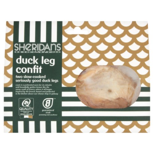Duck leg confit<br/><br/><b>Further Description</b><br/>For recipe ideas, please visit: www.sheridans.ie/sheridans-duck-confit<br/><br/><b>Features</b><br/>Two slow-cooked seriously good duck legs<br/><br/><b>Pack Size</b><br/>360g ℮<br/><br/><br/><b>Ingredients</b><br/>Duck Legs (97%)<br/>Marinade (3%) (Duck Fat, Salt, Star Anise, Coriander, Pepper, Cinnamon, Orange Zest)<br/><br/><b>Storage Type</b><br/>Chilled<br/><br/><b>Storage and Usage Statements</b><br/>Suitable for Home Freezing<br/>Keep Refrigerated<br/><br/><b>Storage</b><br/>This is a fresh meat product keep refrigeration between 0°C and 5°C<br/>
Suitable for home freezing<br/><br/><b>Storage Conditions</b><br/>Min Temp °C 0<br/>Max Temp °C 5<br/><br/><b>Cooking Guidelines</b><br/>Oven cook - From Chilled - Preheat oven to 200°C / fan 180°C/gas mark 6, with roasting tray in the oven. Remove confit from carton and vacuum packaging.<br/>
Place the duck legs skin side down on the hot tray and cook in the oven for 5 minutes, before turning and continuing to cook for a further 15 minutes until skin is crispy and golden brown.<br/>
Please note that cooking times may vary, depending on your oven. If cooking from frozen, thaw completely in fridge and then follow instructions above.<br/><br/><b>Preparation and Usage</b><br/>Cook in a preheated oven for 20 minutes until beautifully golden brown like the sunny south of France, where it all began... inspired by the French, honed and perfected in the kitchen above our cheese shop in galway<br/><br/>Country of Origin - Ireland<br/><br/><b>Company Name</b><br/>Sheridans Cheesemongers Ltd.<br/><br/><b>Company Address</b><br/>Virginia Road Station,<br/>
Pottleragh,<br/>
Kells,<br/>
Co. Meath,<br/>
Ireland.<br/><br/><b>Web Address</b><br/>www.sheridans.ie<br/><br/><b>Return To</b><br/>Sheridans Cheesemongers Ltd.,<br/>
Virginia Road Station,<br/>
Pottleragh,<br/>
Kells,<br/>
Co. Meath,<br/>
Ireland.<br/>
www.sheridans.ie<br/>