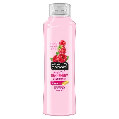 <b>Features</b><br/>Alberto Balsam Sunkissed Raspberry Conditioner 350 ml is a moisturising conditioner that replenishes dry hair<br/>This conditioner for dry hair is silicone-free and contains the strengthening pro-vitamin B5 that prevents moisture loss, leaving your hair soft and shiny<br/>Alberto Balsam Sunkissed Raspberry Conditioner moisturises, detangles and smooths dry, damaged hair<br/>This conditioner gives you a fresh burst of Sunkissed Raspberry fragrance so your hair smells as good as it feels<br/>Alberto Balsam Sunkissed Raspberry Conditioner improves your hair manageability, making it softer and easier to comb<br/>Our moisturising conditioner is suitable for all hair types<br/><br/><b>Pack Size</b><br/>350millilitre ℮<br/><br/><br/><b>Ingredients</b><br/>Aqua, Cetearyl Alcohol, Stearamidopropyl Dimethylamine, Juniperus Communis Fruit Extract, Chamomilla Recutita Flower Extract, Panthenol, Parfum, Lactic Acid, Sodium Chloride, Disodium EDTA, Magnesium Nitrate, Propylene Glycol, PEG-150 Distearate, Methylchloroisothiazolinone, Methylisothiazolinone, Pantolactone, Benzophenone-4, Alpha-Isomethyl Ionone, Amyl Cinnamal, Benzyl Alcohol, Limonene, Linalool, CI 17200<br/><br/><b>Safety Warning</b><br/>Avoid contact with eyes. In case of contact with eyes, rinse thoroughly with water..<br/><br/><b>Storage</b><br/>not applicable<br/><br/><b>Preparation and Usage</b><br/>After you’ve shampooed, use a good size dollop of conditioner. We find it works best to leave it on for 1-2 minutes. Rinse hair thoroughly. Ta-da, fabulously soft, shiny hair.<br/><br/>Country of Origin - United Kingdom<br/><br/><b>Origin</b><br/>United Kingdom<br/><br/><b>Company Name</b><br/>Unilever UK Ltd. / Unilever Ireland Ltd.<br/><br/><b>Company Address</b><br/>Unilever Dept ER,<br/>
Wirral CH63 3JW UK<br/><br/><b>Telephone Helpline</b><br/>UK: 0800 085 2720<br/>
ROI: 1850 404 060 (Callsave)<br/><br/><b>Web Address</b><br/>www.albertobalsam.com<br/>
www.unilever.com<br/><br/>