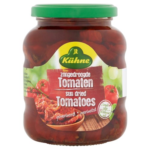 Sun dried Tomatoes<br/><br/><b>Features</b><br/>Marinated<br/>Without oil<br/><br/><b>Pack Size</b><br/>340g ℮<br/><br/><br/><b>Ingredients</b><br/>Sun Dried Tomatoes<br/>Maltodextrin<br/>White Wine Vinegar<br/>Sugar<br/>Salt<br/>Thickening Agent: Xanthan Gum and Pectins<br/>Basil<br/>Oregano<br/><br/><b>Storage Type</b><br/>Ambient<br/><br/><b>Storage</b><br/>Keep refrigerated after opening (max. 7ºC).<br/>
Best before: see lid.<br/><br/><b>Storage Conditions</b><br/>Max Temp °C 7<br/><br/><b>Web Address</b><br/>www.kuehne.nl<br/>www.kuehne-international.com<br/><br/><b>Return To</b><br/>www.kuehne.nl<br/>
www.kuehne-international.com<br/>