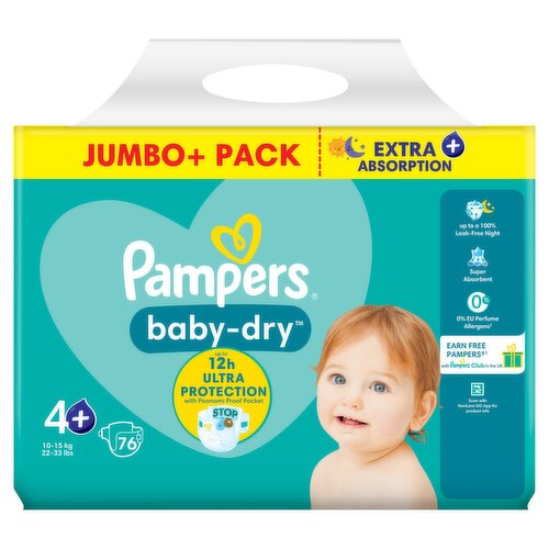 Pampers Baby-Dry Size 4+, 76 Nappies, 10-15kg