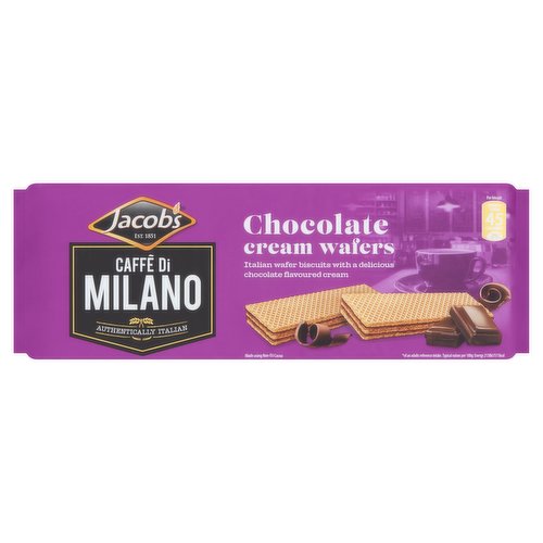 Wafer biscuits with a layered chocolate flavoured cream filling (75%)<br/><br/><b>Features</b><br/>Authentically Italian<br/>Italian wafer biscuits with a delicious chocolate flavoured cream<br/>Light crispy wafers<br/>Rich chocolatey flavoured cream<br/>Suitable for vegetarians<br/><br/><b>Lifestyle</b><br/>Suitable for Vegetarians<br/><br/><b>Pack Size</b><br/>175g ℮<br/><br/><b>Usage Other Text</b><br/>This pack contains 20 biscuits (servings)<br/><br/><b>Usage Count</b><br/>Number of uses - Servings - 20<br/><br/><br/><b>Ingredients</b><br/>Coconut Oil<br/><span style='font-weight: bold;'>Wheat</span> Flour<br/>Sugar<br/>Glucose Syrup<br/>Fat-Reduced Cocoa Powder (12%) in the Filling<br/>Dextrose<br/>Skimmed <span style='font-weight: bold;'>Milk</span> Powder<br/>Whey Powder (<span style='font-weight: bold;'>Milk</span>)<br/><span style='font-weight: bold;'>Barley</span> Malt Extract<br/>Emulsifier (<span style='font-weight: bold;'>Soya</span> Lecithin)<br/>Raising Agents (Sodium Carbonates, Diphosphates)<br/>Salt<br/><span style='font-weight: bold;'>Hazelnuts</span><br/><br/><b>Allergy Advice</b><br/>For allergens, including Cereals containing Gluten, see ingredients in <span style='font-weight: bold;'>bold</span>.<br/><br/><br/><b>Allergy Text</b><br/>May also contain traces of other Tree Nuts and Mustard.<br/><br/><br/><b>Storage Type</b><br/>Ambient<br/><br/><b>Storage</b><br/>Store in a cool, dry place. Once opened, store in an airtight container.<br/><br/><b>Origin</b><br/>Made using non-EU cocoa<br/><br/><b>Company Name</b><br/>Valeo Foods<br/><br/><b>Company Address</b><br/>Merrywell Industrial Estate,<br/>
Ballymount,<br/>
Dublin 12.<br/><br/><b>Telephone Helpline</b><br/>1800 855 706<br/><br/><b>Web Address</b><br/>www.valeofoods.ie<br/><br/><b>Return To</b><br/>Be Happy<br/>
At Jacob's we are proud of our products and passionate about good quality and taste. Our products are made with care for your enjoyment. If our biscuits reach you in less than perfect condition, please let us know! Simply contact our Quality Team at the listed address. Your statutory rights are not affected.<br/>
Valeo Foods,<br/>
Merrywell Industrial Estate,<br/>
Ballymount,<br/>
Dublin 12.<br/>
For more information visit: www.valeofoods.ie<br/>
For Customer Care, call: 1800 855 706<br/>