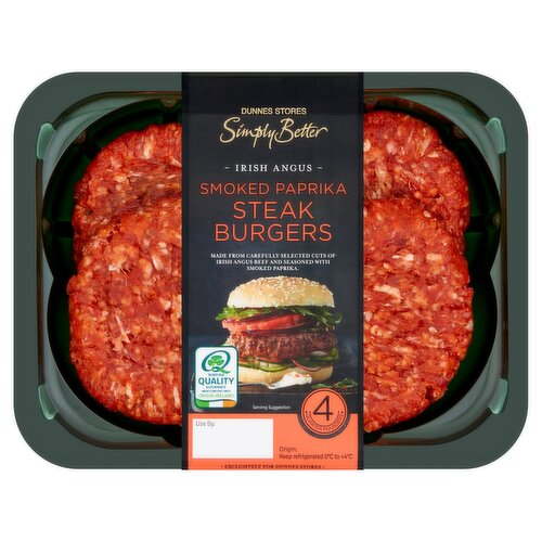 Dunnes Stores Simply Better 4 Irish Angus Smoked Paprika Steak Burgers 454g