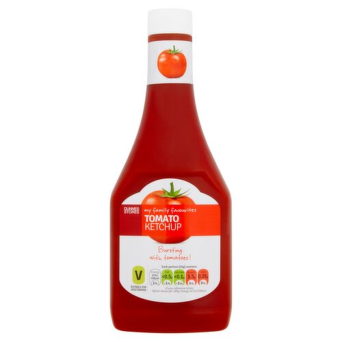 Tomato Ketchup<br/><br/><b>Features</b><br/>Bursting with tomatoes!<br/>Free from Artificial Colours, Flavours and Preservatives<br/>Free from Gluten<br/>Suitable for Vegetarians<br/><br/><b>Lifestyle</b><br/>Gluten free<br/>Suitable for Vegetarians<br/><br/><b>Pack Size</b><br/>740g ℮<br/><br/><b>Usage Other Text</b><br/>Number of Servings per Pack: 49 Approx.<br/><br/><b>Usage Count</b><br/>Number of uses - Servings - 49<br/><br/><br/><b>Ingredients</b><br/>Tomatoes<br/>Sugar<br/><span style='font-weight: bold;'>Barley</span> Malt Vinegar<br/>Vinegar<br/>Modified Maize Starch<br/>Salt<br/>Spices<br/>Prepared with 140g Tomatoes per 100g Ketchup<br/><br/><b>Allergy Advice</b><br/>For allergens, see ingredients in bold.<br/><br/><br/><b>Storage Type</b><br/>Ambient<br/><br/><b>Storage</b><br/>- Store in a cool dry place.<br/>
- Once opened, keep refrigerated and consume within 8 weeks.<br/>
- For 'best before' date, see cap.<br/><br/><b>Preparation and Usage</b><br/>Preparation Instructions:<br/>
- Unscrew cap and remove foil seal before use.<br/>
- Shake well before use.<br/><br/><b>Origin</b><br/>Packed in Co. Dublin<br/><br/><b>Company Name</b><br/>Dunnes Stores<br/><br/><b>Company Address</b><br/>46-50 South Great George's Street,<br/>
Dublin 2.<br/>
<br/>
Store 3,<br/>
Forestside S.C.,<br/>
Upr. Galwally Rd.,<br/>
Belfast,<br/>
BT8 6FX.<br/><br/><b>Return To</b><br/>Dunnes Stores,<br/>
46-50 South Great George's Street,<br/>
Dublin 2.<br/>
<br/>
Dunnes Stores,<br/>
Store 3,<br/>
Forestside S.C.,<br/>
Upr. Galwally Rd.,<br/>
Belfast,<br/>
BT8 6FX.<br/>