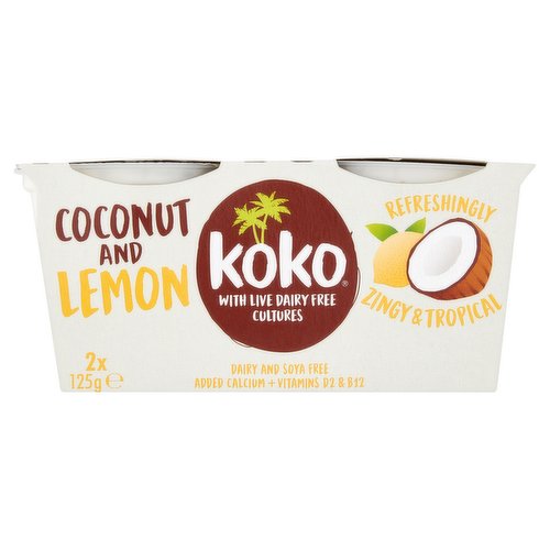 Coconut Milk Fermented with Dairy Free Cultures with Coconut and Lemon, Added Calcium and Vitamins<br/><br/><b>Further Description</b><br/>Find out more...www.kokodairyfree.com<br/><br/><b>Features</b><br/>With Live Dairy Free Cultures<br/>Dairy and Soya Free<br/>Added Calcium + Vitamins D2 & B12<br/>Refreshingly Zingy & Tropical<br/>Free from Dairy, Lactose, Soya, Gluten, GMOs, Artificial Flavours, Colours and Preservatives<br/>Added Extras<br/>Calcium and Vitamins D2 & B12<br/>Vegetarian Society Approved - Vegan<br/><br/><b>Lifestyle</b><br/>Gluten free<br/>Suitable for Vegans<br/>Suitable for Vegetarians<br/><br/><b>Pack Size</b><br/>125g ℮<br/><br/><br/><b>Ingredients</b><br/>Water<br/>Coconut Milk (18%)<br/>Sugar<br/>Thickeners (Modified Maize Starch, Pectins Guar Gum)<br/>Dextrose<br/>Lemon Juice From Concentrate (2%)<br/>Glucose Fructose Syrup<br/>Dessicated Coconut (1.4%)<br/>Calcium Phosphate<br/>Salt<br/>Stabiliser (Xanthan Gum)<br/>Vitamin D2<br/>Natural Flavouring<br/>Vitamin B12<br/>Acidity Regulator (Sodium Citrate)<br/>Colour (Carotene)<br/>Dairy Free Live Cultures (S.Thermophilus, L.Bulgaricus)<br/><br/><b>Allergy Text</b><br/><span style='font-weight: bold;'>Produced on a site which handles Nuts</span>.<br/><br/><br/><b>Number of Units</b><br/>2<br/><br/><b>Storage Type</b><br/>Chilled<br/><br/><b>Storage and Usage Statements</b><br/>Keep Refrigerated<br/><br/><b>Storage</b><br/>Keep refrigerated and once opened consume within 5 days and by date shown on top of pack for use by date see top of pack<br/><br/>Country of Origin - Produce of the EU<br/><br/><b>Origin</b><br/>Produced in the EU<br/><br/><b>Company Name</b><br/>Koko<br/><br/><b>Company Address</b><br/>Coconut House,<br/>
Tay Court,<br/>
Isidore Road,<br/>
Bromsgrove,<br/>
Worcs,<br/>
B60 3FQ.<br/><br/><b>Durability after Opening</b><br/>Consume Within - Days - 5<br/><br/><b>Return To</b><br/>Koko,<br/>
Coconut House,<br/>
Tay Court,<br/>
Isidore Road,<br/>
Bromsgrove,<br/>
Worcs,<br/>
B60 3FQ.<br/>