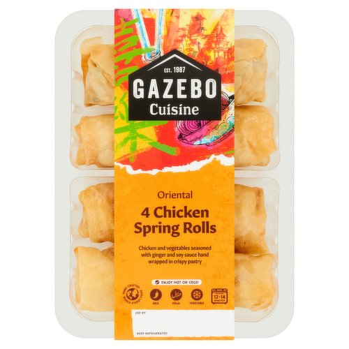 <b>Features</b><br/>Chicken and vegetables seasoned with ginger and soy sauce hand wrapped in crispy pastry<br/>Enjoy Hot or Cold!<br/>Hand-Crafted World Street Food<br/>Chilli ratings - Mild - 1<br/>Halal<br/><br/><b>Lifestyle</b><br/>Halal<br/><br/><b>Pack Size</b><br/>200g ℮<br/><br/><b>Usage Other Text</b><br/>This pack contains 4 servings<br/><br/><b>Usage Count</b><br/>Number of uses - Servings - 4<br/><br/><b>Recycling Info</b><br/>Sleeve - Recyclable<br/>Tray - Recyclable<br/><br/><br/><b>Ingredients</b><br/>Pastry (<span style='font-weight: bold;'>Wheat</span> Flour, Water, Coconut Oil, Salt, Sodium Caseinate (<span style='font-weight: bold;'>Milk</span>), <span style='font-weight: bold;'>Wheat</span> Starch, Maltodextrin, Flour Treatment Agent: Ascorbic Acid)<br/>Beansprouts (15%)<br/>Cabbage (9%)<br/>Chicken (9%)<br/>Rapeseed Oil<br/>Carrots (6%)<br/>Bamboo Shoots (4%)<br/>Water Chestnuts<br/>Spring Onion<br/>Green Pepper<br/>Red Pepper<br/>Light <span style='font-weight: bold;'>Soya</span> Sauce (Water, <span style='font-weight: bold;'>Soya</span> Bean, Salt, <span style='font-weight: bold;'>Wheat</span> Flour, Preservative: Potassium Sorbate)<br/>Hot Pepper Sauce (Habanero Mash (Habanero Pepper, Scotch Bonnet Pepper, Salt), Water, Preservative: Acetic Acid, Salt, Onion Powder, Modified Maize Starch, Stabiliser: Xanthan Gum)<br/>Ginger Puree<br/>Salt<br/>White Pepper<br/>Garlic Puree<br/><br/><b>Allergy Advice</b><br/>For allergens, including Cereals containing Gluten, see ingredients in <span style='font-weight: bold;'>bold</span>.<br/><br/><br/><b>Allergy Text</b><br/>May contain Nuts and Sesame.<br/><br/><br/><b>Safety Warning</b><br/>CAUTION: Although every care has been taken to remove all bones, some may remain.<br/><br/><b>Storage Type</b><br/>Chilled<br/><br/><b>Storage and Usage Statements</b><br/>Suitable for Home Freezing<br/>Keep Refrigerated<br/><br/><b>Storage</b><br/>Keep refrigerated. Once opened, keep refrigerated and consume within 1 day. Do not exceed the use by date. Suitable for home freezing. Freeze on day of purchase and consume within one month. Once defrosted, do not refreeze. For use by see front of pack.<br/><br/><b>Cooking Guidelines</b><br/>Cooking Instructions - General - Enjoy these spring rolls as cold or heat them in oven for crispy texture.<br/>
All appliances vary, these are guidelines only. Ensure product is piping hot throughout before serving. Do not reheat once cooked.<br/>Oven cook - From Frozen - Remove all packaging, place product on a baking tray in the centre of a pre-heated oven.<br/>
Time: 16 - 18 minutes<br/>
Temp: 200°C/Fan 180°C/Gas Mark 6<br/>Oven cook - From Chilled - Remove all packaging, place product on a baking tray in the centre of a pre-heated oven.<br/>
Time: 12 - 14 minutes<br/>
Temp: 200°C/Fan 180°C/Gas Mark 6<br/><br/>Country of Origin - United Kingdom<br/><br/><b>Origin</b><br/>Produced in the UK using chicken from Thailand or Brazil<br/><br/><b>Company Name</b><br/>Gazebo Fine Foods Ltd. / PRM Ireland Ltd<br/><br/><b>Company Address</b><br/>Gazebo Fine Foods Ltd.,<br/>
Unit 2/4,<br/>
Fourth Way,<br/>
Wembley,<br/>
HA9 0LH.<br/>
<br/>
PRM Ireland Ltd,<br/>
Rathdown Road,<br/>
Lisburn,<br/>
Co. Antrim,<br/>
BT28 2RE.<br/><br/><b>Durability after Opening</b><br/>Consume Within - Days - 1<br/><br/><b>Web Address</b><br/>gazebocuisine.co.uk<br/><br/><b>Return To</b><br/>Gazebo Fine Foods Ltd.,<br/>
Unit 2/4,<br/>
Fourth Way,<br/>
Wembley,<br/>
HA9 0LH.<br/>
gazebocuisine.co.uk<br/>
<br/>
PRM Ireland Ltd,<br/>
Rathdown Road,<br/>
Lisburn,<br/>
Co. Antrim,<br/>
BT28 2RE.<br/>