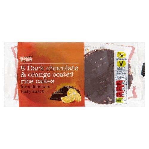 Puffed Rice Cakes with Dark Chocolate and Orange Flavoured Coating<br/><br/><b>Features</b><br/>For a delicious tasty snack<br/>Free from gluten<br/>Suitable for vegetarians<br/><br/><b>Lifestyle</b><br/>Suitable for Vegetarians<br/><br/><b>Pack Size</b><br/>135g ℮<br/><br/><b>Usage Other Text</b><br/>Number of servings per pack: 8<br/><br/><b>Usage Count</b><br/>Number of uses - Servings - 8<br/><br/><b>Recycling Info</b><br/>Film - Plastic - Not Currently Recycled<br/><br/><br/><b>Ingredients</b><br/>Dark Chocolate (60%) [Sugar, Cocoa Mass, Cocoa Butter, Emulsifier: <span style='font-weight: bold;'>Soya</span> Lecithin; Natural Orange Flavour, Natural Vanilla Flavour]<br/>Rice (39%)<br/><span style='font-weight: bold;'>Sesame</span> Seeds<br/>Salt<br/><br/><b>Allergy Advice</b><br/>For allergens, see ingredients in <span style='font-weight: bold;'>bold</span><br/><br/><br/><b>Allergy Text</b><br/>May contain traces of Milk and Nuts<br/><br/><br/><b>Storage Type</b><br/>Ambient<br/><br/><b>Storage</b><br/>Store in a cool dry place.<br/>
Once opened, store in an airtight container and consume within 5 days.<br/><br/>Country of Origin - Netherlands<br/>Packed In - Netherlands<br/><br/><b>Origin</b><br/>Produced and Packed in the Netherlands<br/><br/><b>Company Name</b><br/>Dunnes Stores / Dunnes Stores (Bangor) Ltd.<br/><br/><b>Company Address</b><br/>Dunnes Stores,<br/>
46-50 South Great George's Street,<br/>
Dublin 2.<br/>
<br/>
Dunnes Stores (Bangor) Ltd.,<br/>
28 Hill Street,<br/>
Newry,<br/>
Co. Down,<br/>
BT34 1AR.<br/><br/><b>Return To</b><br/>Quality Guarantee<br/>
If you try and are not satisfied with this product please return the item with original packaging and receipt to the store and we will be happy to replace or refund it for you. This does not affect your statutory rights.<br/>
Dunnes Stores,<br/>
46-50 South Great George's Street,<br/>
Dublin 2.<br/>
<br/>
Dunnes Stores (Bangor) Ltd.,<br/>
28 Hill Street,<br/>
Newry,<br/>
Co. Down,<br/>
BT34 1AR.<br/>