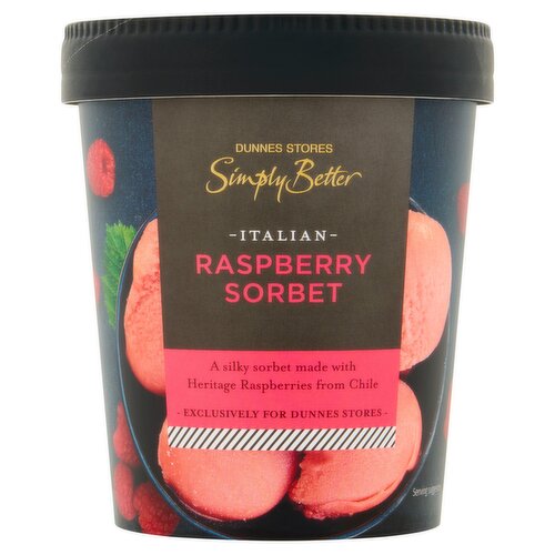 Raspberry Sorbet<br/><br/><b>Features</b><br/>Italian made<br/>Great taste 2019<br/>Made using meeker and heritage raspberry purée<br/>Award winning Italian sorbet<br/><br/><b>Pack Size</b><br/>500ml ℮<br/><br/><b>Recycling Info</b><br/>Lid - Plastic - Not Currently Recycled<br/>Tub - Plastic - Widely Recycled<br/><br/><br/><b>Ingredients</b><br/>Meeker and Heritage Raspberry Purée (32.5%)<br/>Sugar<br/>Raspberry Juice from Concentrate (24%)<br/>Water<br/>Lemon Fibre<br/>Thickening Agent: Pectin<br/><br/><b>Storage Type</b><br/>Frozen<br/><br/><b>Storage and Usage Statements</b><br/>Keep Frozen<br/><br/><b>Storage</b><br/>Keep frozen - 18°C or colder<br/>
Once thawed do not refreeze.<br/>
Keep frozen and use within the following periods:<br/>
Ice making compartment: 3 days<br/>
Star marked frozen food compartments: * 1 week<br/>
Star marked frozen food compartments: ** 1 month<br/>
Star marked frozen food compartments: *** until 'best before' date<br/>
Star marked frozen food compartments: **** until 'best before' date<br/><br/><b>Storage Conditions</b><br/>Max Temp °C -18<br/><br/>Packed In - Italy<br/><br/><b>Origin</b><br/>Packed in Italy<br/><br/><b>Company Name</b><br/>Dunnes Stores<br/><br/><b>Company Address</b><br/>46-50 South Great George's Street,<br/>
Dublin 2.<br/>
<br/>
Store 3,<br/>
Forestside S.C.,<br/>
Upr. Galwally Rd.,<br/>
Belfast,<br/>
BT8 6FX.<br/><br/><b>Return To</b><br/>Dunnes Stores,<br/>
46-50 South Great George's Street,<br/>
Dublin 2.<br/>
<br/>
Dunnes Stores,<br/>
Store 3,<br/>
Forestside S.C.,<br/>
Upr. Galwally Rd.,<br/>
Belfast,<br/>
BT8 6FX.<br/>