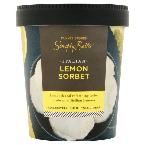 Sicilian Lemon Sorbet<br/><br/><b>Features</b><br/>Italian made<br/>Great taste 2018<br/>Made using sicilian lemon juice<br/>Award winning Italian sorbet<br/><br/><b>Pack Size</b><br/>275g ℮<br/><br/><b>Recycling Info</b><br/>Tub - Widely Recycled<br/><br/><br/><b>Ingredients</b><br/>Water<br/>Sugar<br/>Sicilian Lemon Juice (20%)<br/>Sicilian Lemon Juice from Concentrate (4%)<br/>Lemon Fibre<br/>Thickening Agent: Pectin<br/><br/><b>Storage Type</b><br/>Frozen<br/><br/><b>Storage and Usage Statements</b><br/>Keep Frozen<br/><br/><b>Storage</b><br/>Keep frozen - 18°C or colder<br/>
Once thawed do not refreeze.<br/>
Keep frozen and use within the following periods:<br/>
Ice making compartment: 3 days<br/>
Star marked frozen food compartments: * 1 week<br/>
Star marked frozen food compartments: ** 1 month<br/>
Star marked frozen food compartments: *** until 'best before' date<br/>
Star marked frozen food compartments: **** until 'best before' date<br/><br/><b>Storage Conditions</b><br/>Max Temp °C -18<br/><br/>Packed In - Italy<br/><br/><b>Origin</b><br/>Packed in Italy<br/><br/><b>Company Name</b><br/>Dunnes Stores<br/><br/><b>Company Address</b><br/>46-50 South Great George's Street,<br/>
Dublin 2.<br/>
<br/>
Store 3,<br/>
Forestside S.C.,<br/>
Upr. Galwally Rd.,<br/>
Belfast,<br/>
BT8 6FX.<br/><br/><b>Return To</b><br/>Dunnes Stores,<br/>
46-50 South Great George's Street,<br/>
Dublin 2.<br/>
<br/>
Dunnes Stores,<br/>
Store 3,<br/>
Forestside S.C.,<br/>
Upr. Galwally Rd.,<br/>
Belfast,<br/>
BT8 6FX.<br/>
